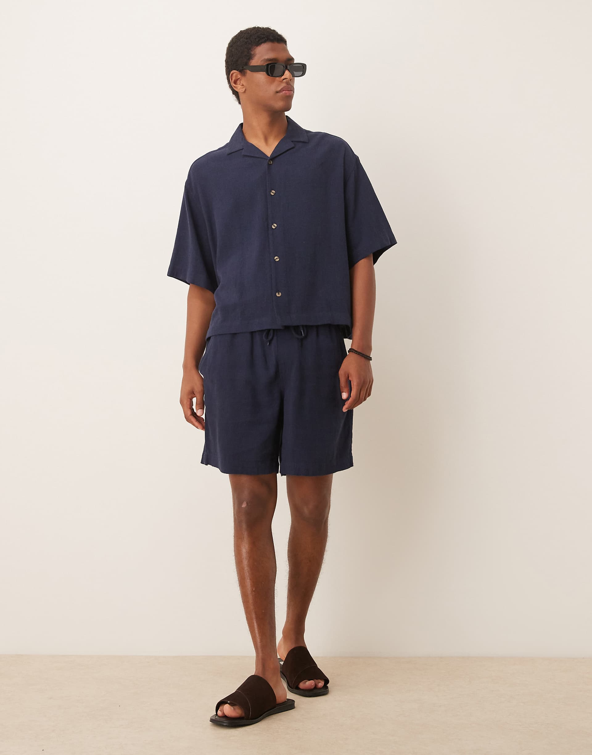 ASOS DESIGN baggy fit pull on shorts in navy linen blend - part of a set