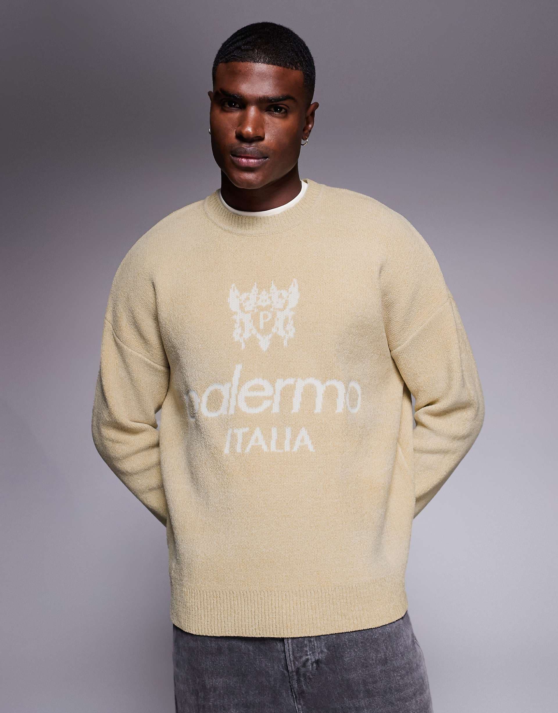 ASOS DESIGN oversized knit chenille sweater with Palermo graphic in stone