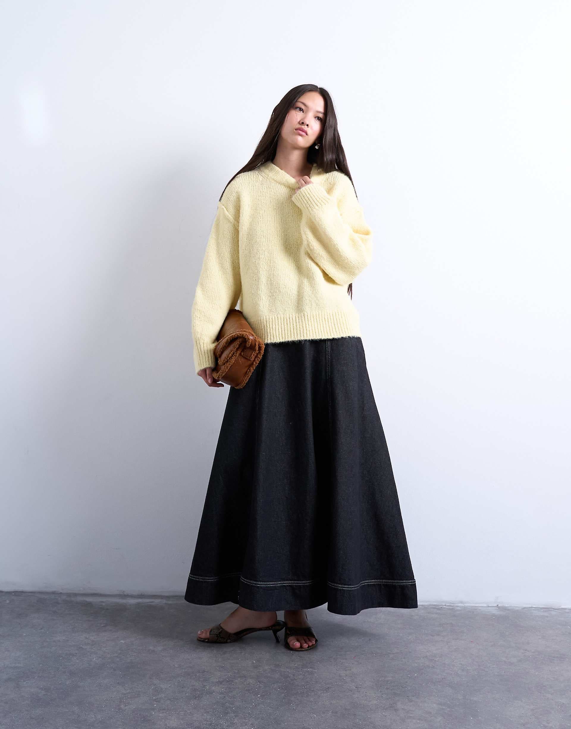 Topshop knit wool blend fluffy exposed seams easy sweater in buttermilk