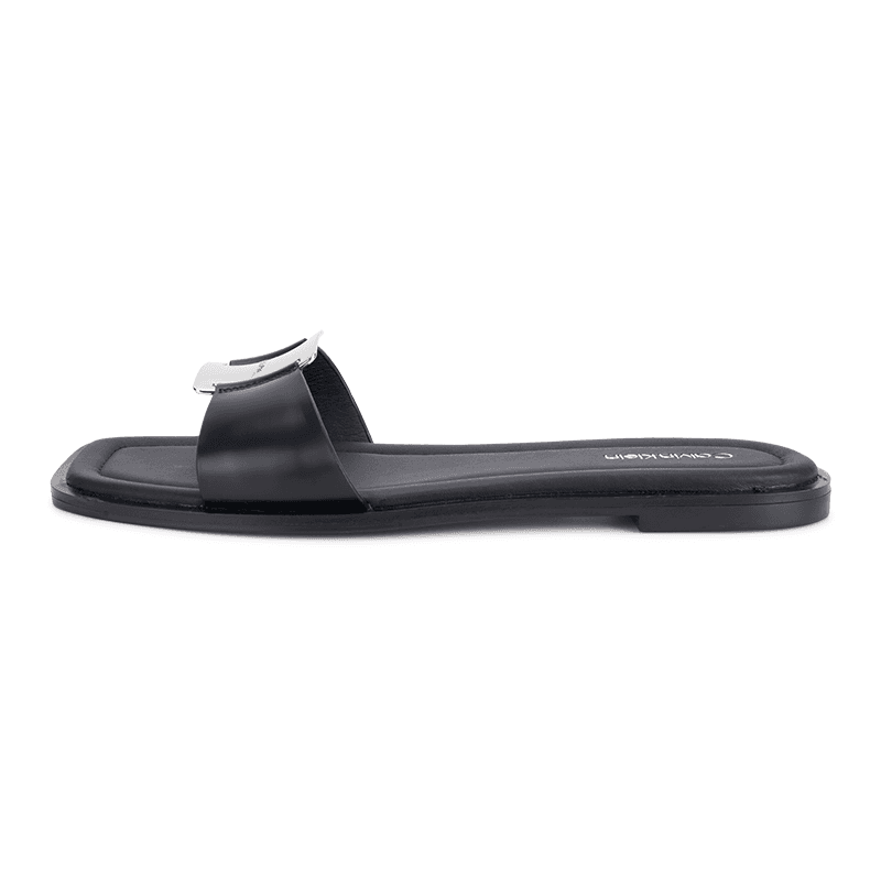CKJ CALVIN KLEIN JEANS Cow Leather Metal Square Flat Slide Sandals Women's Black