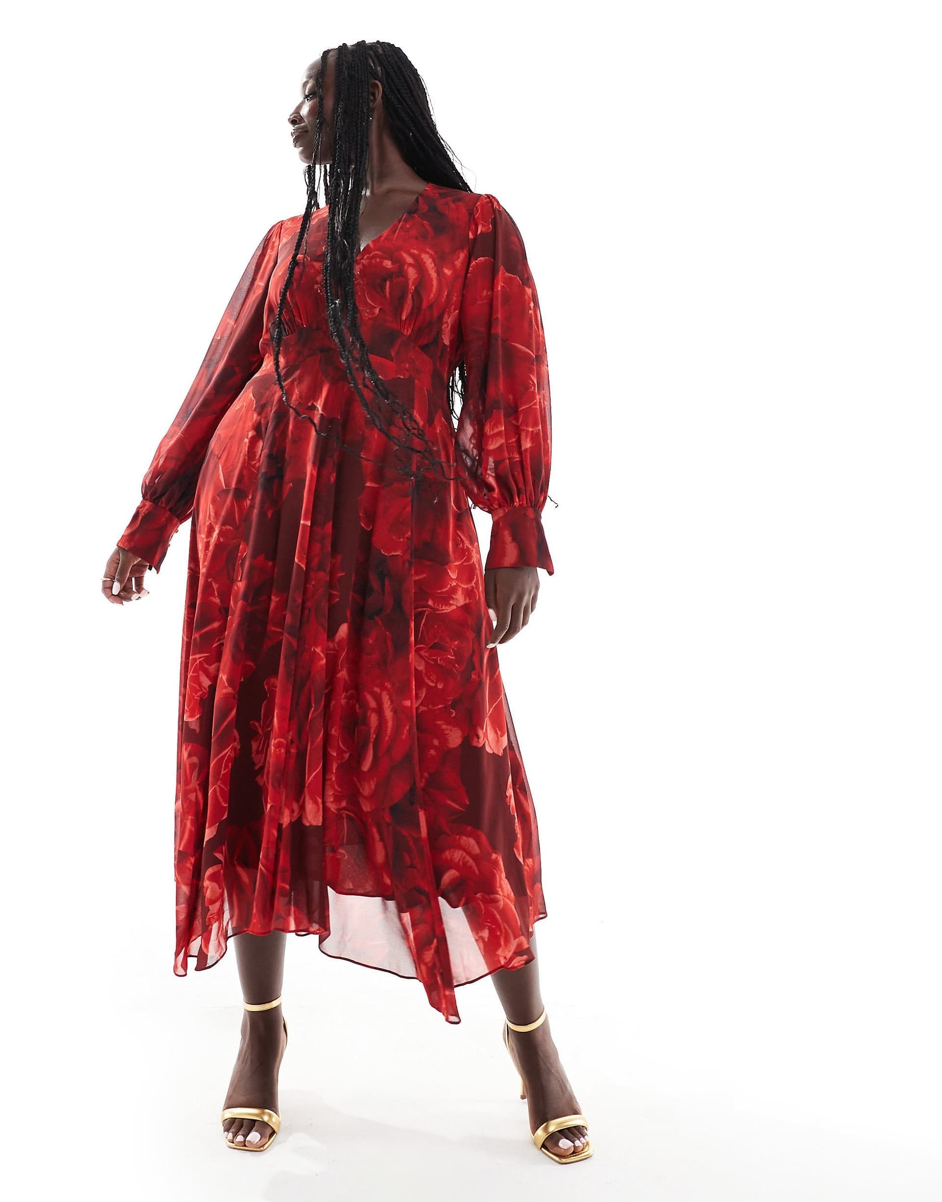 Ever New Curve long sleeve maxi dress in red rose floral