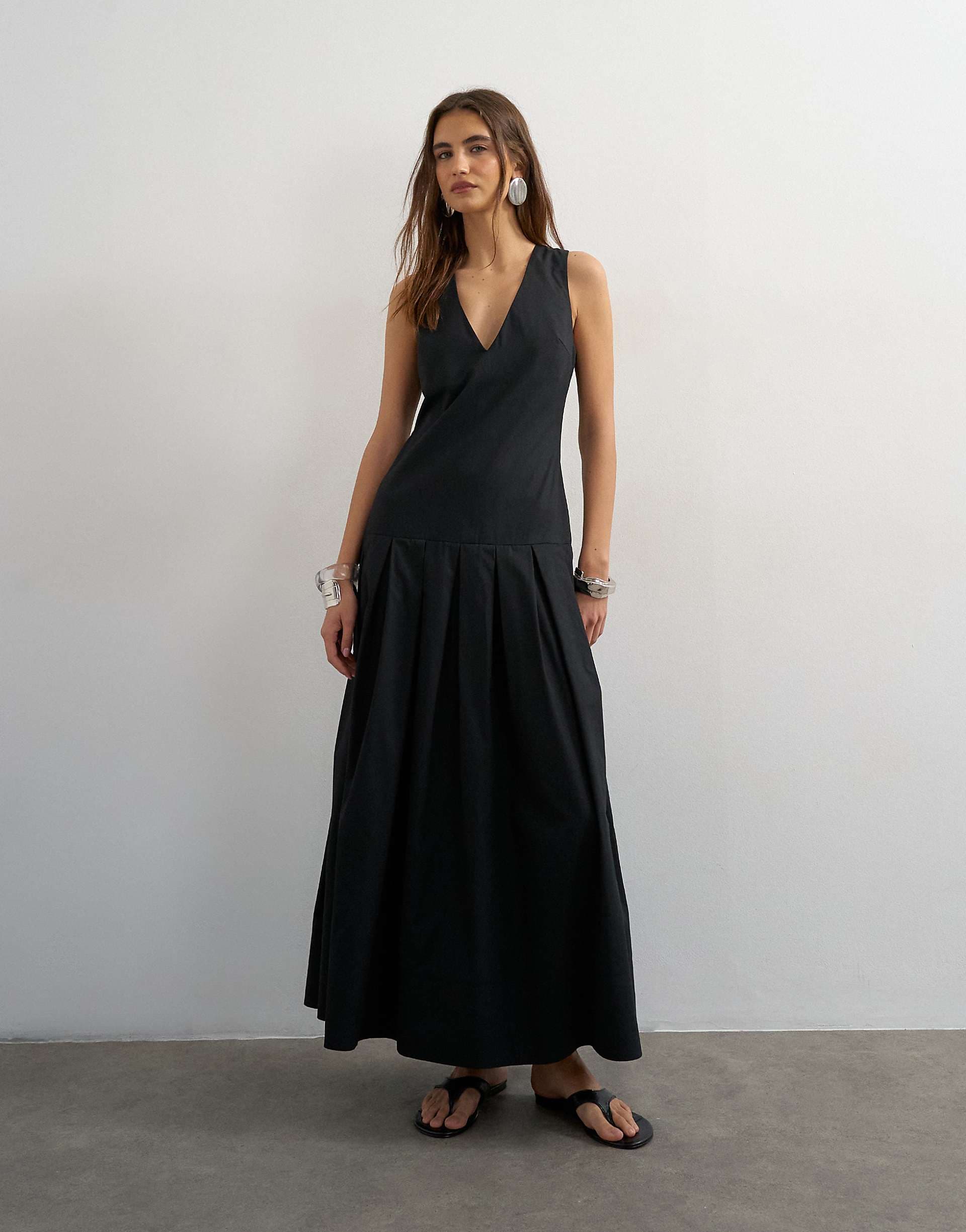 Topshop poplin structured dropped waist maxi dress in black