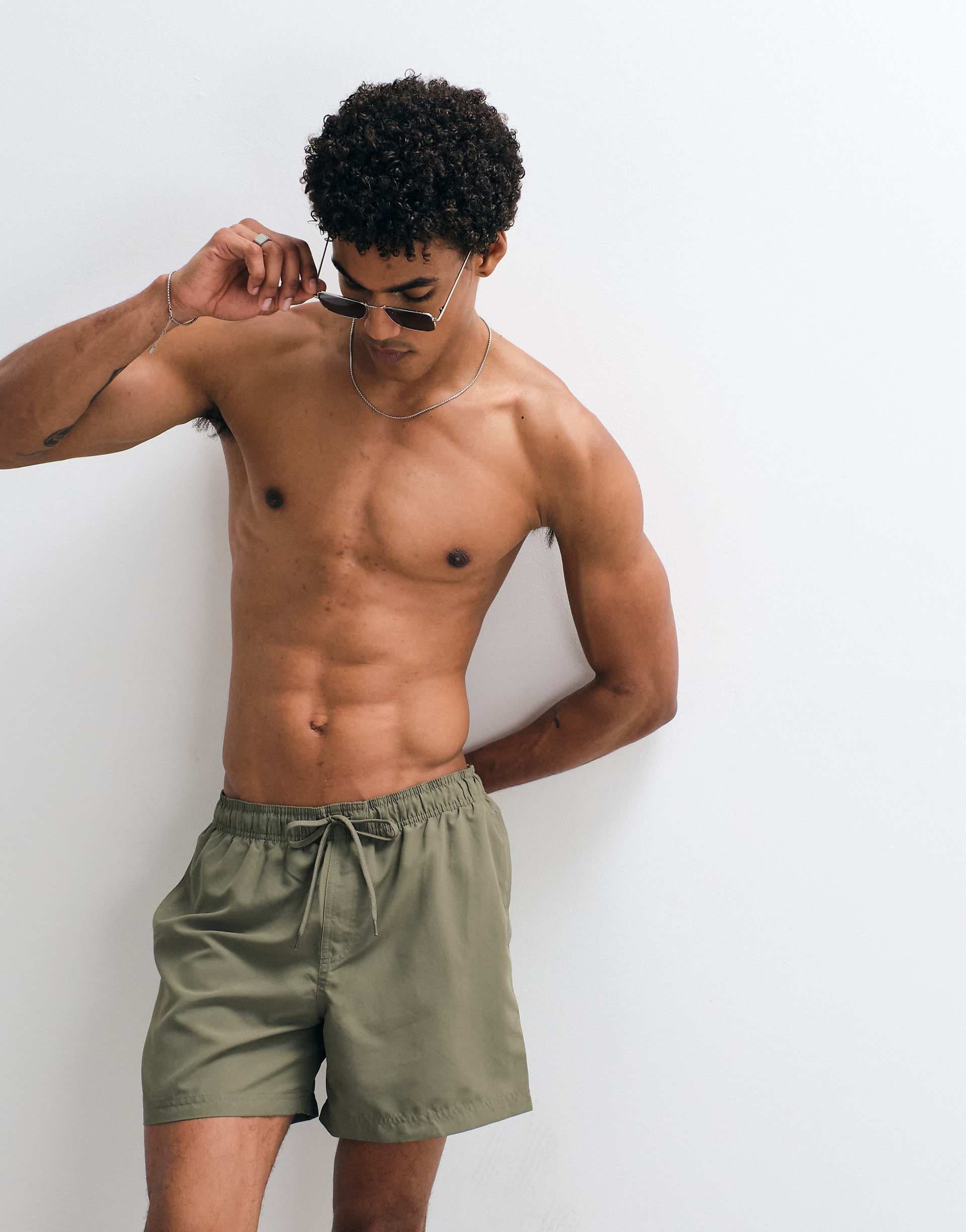 Jack & Jones mid length swim shorts in khaki green