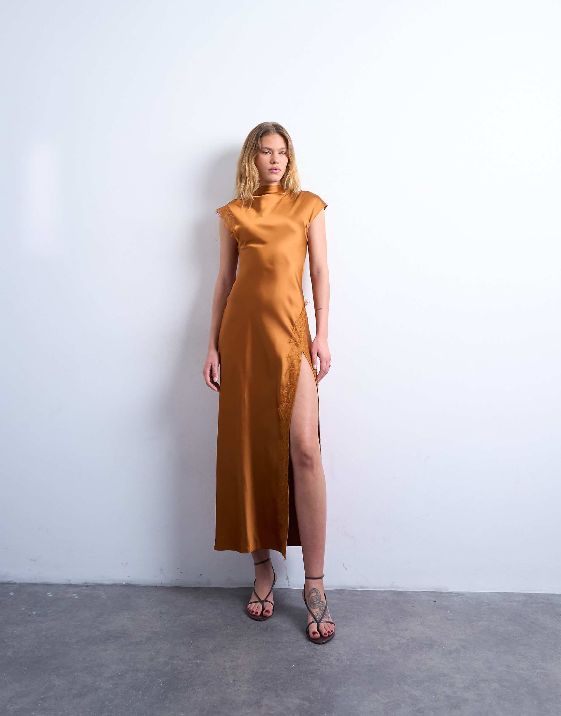 Topshop satin drape neck maxi dress with lace trim in caramel