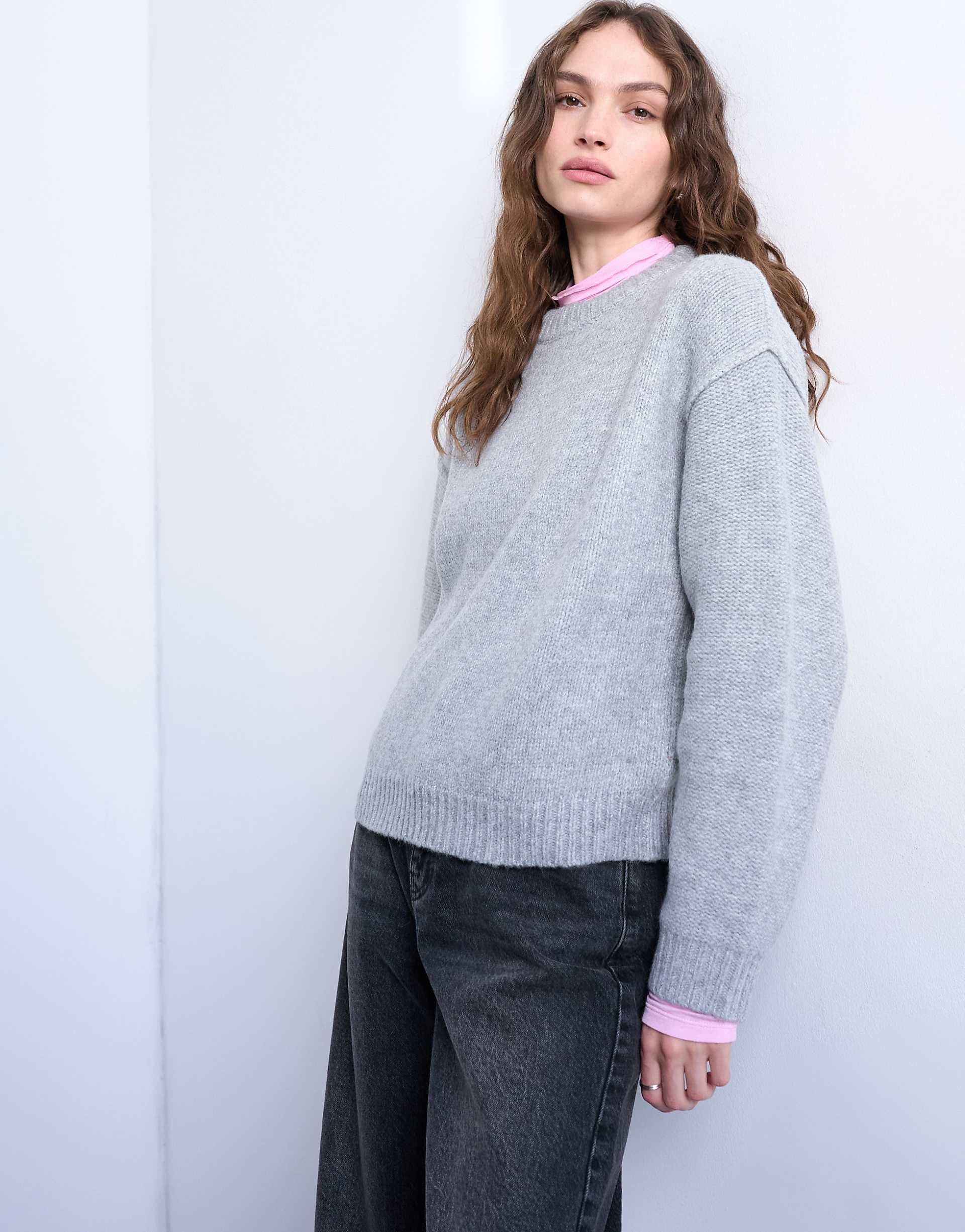 Topshop knit boxy wide sleeve mid crew sweater in gray
