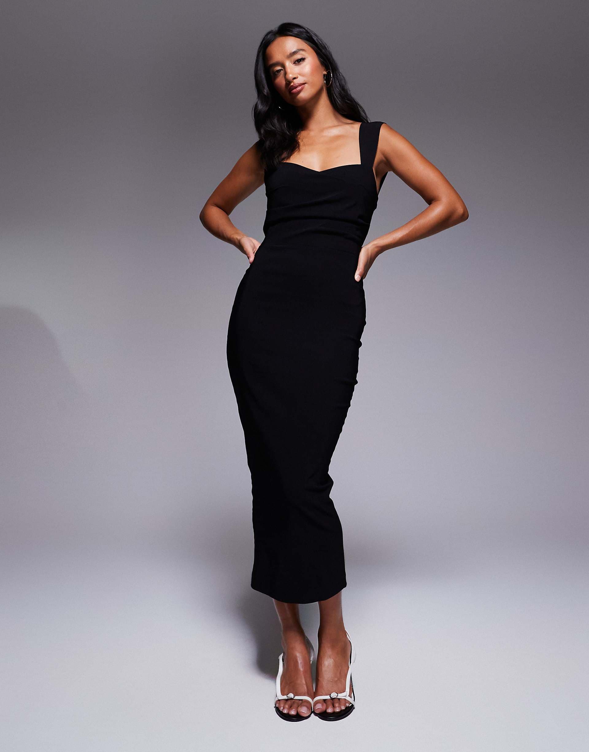 Vesper Petite bengaline sweetheart neckline ruched front midaxi dress in black