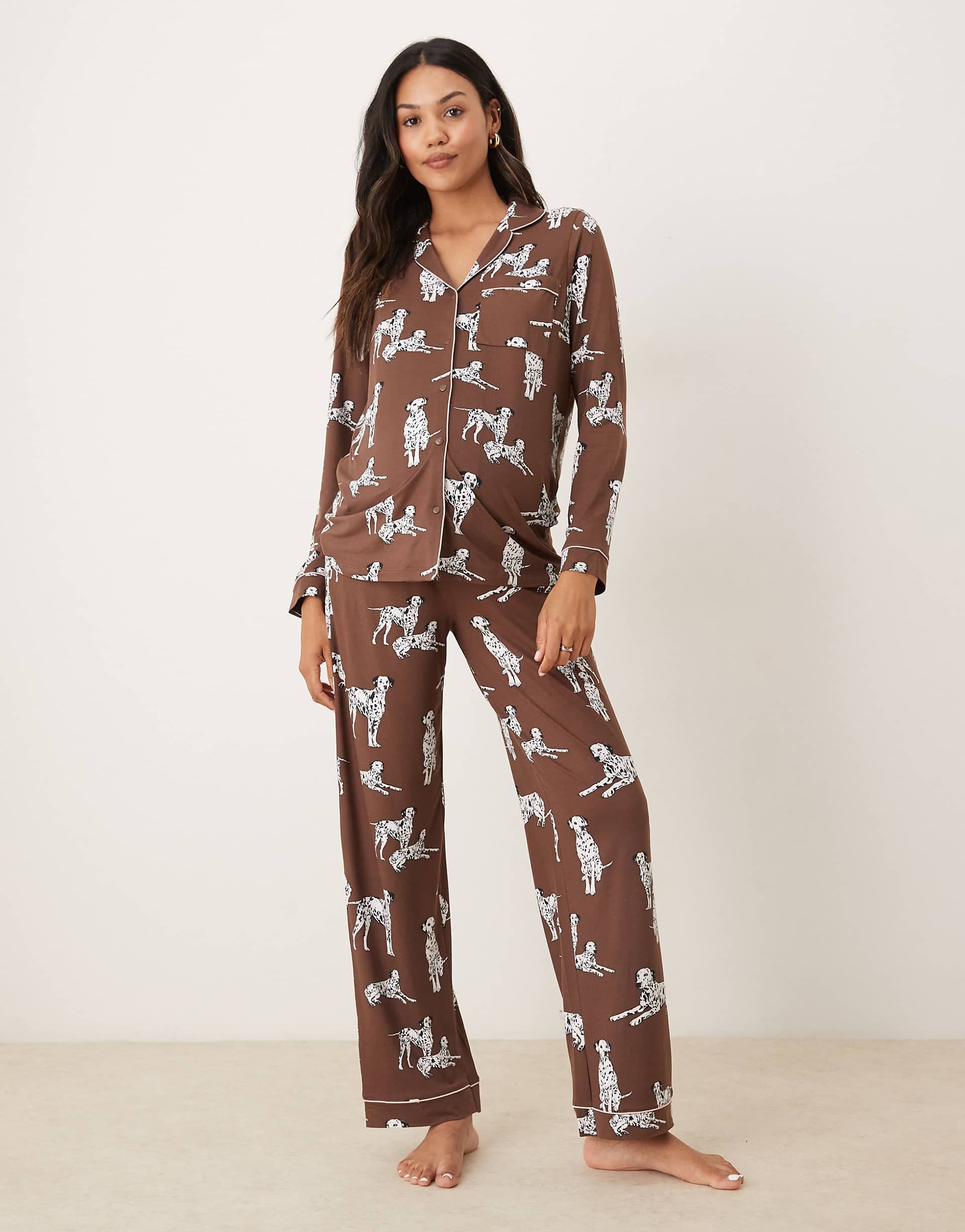 Chelsea Peers Exclusive Maternity Dalmation long sleeve revere top & pants pajama set in chocolate brown