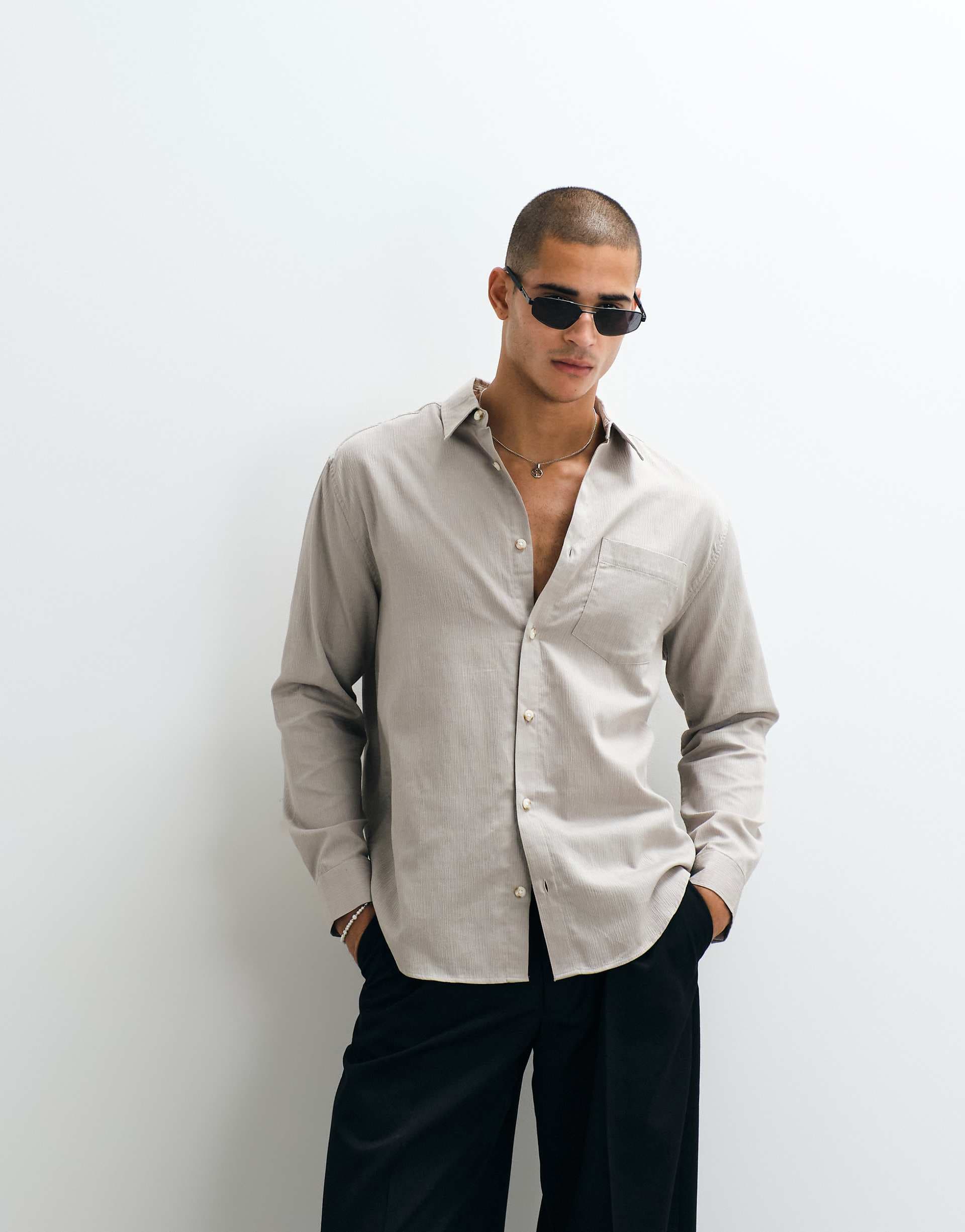 ASOS DESIGN relaxed textured shirt in stone