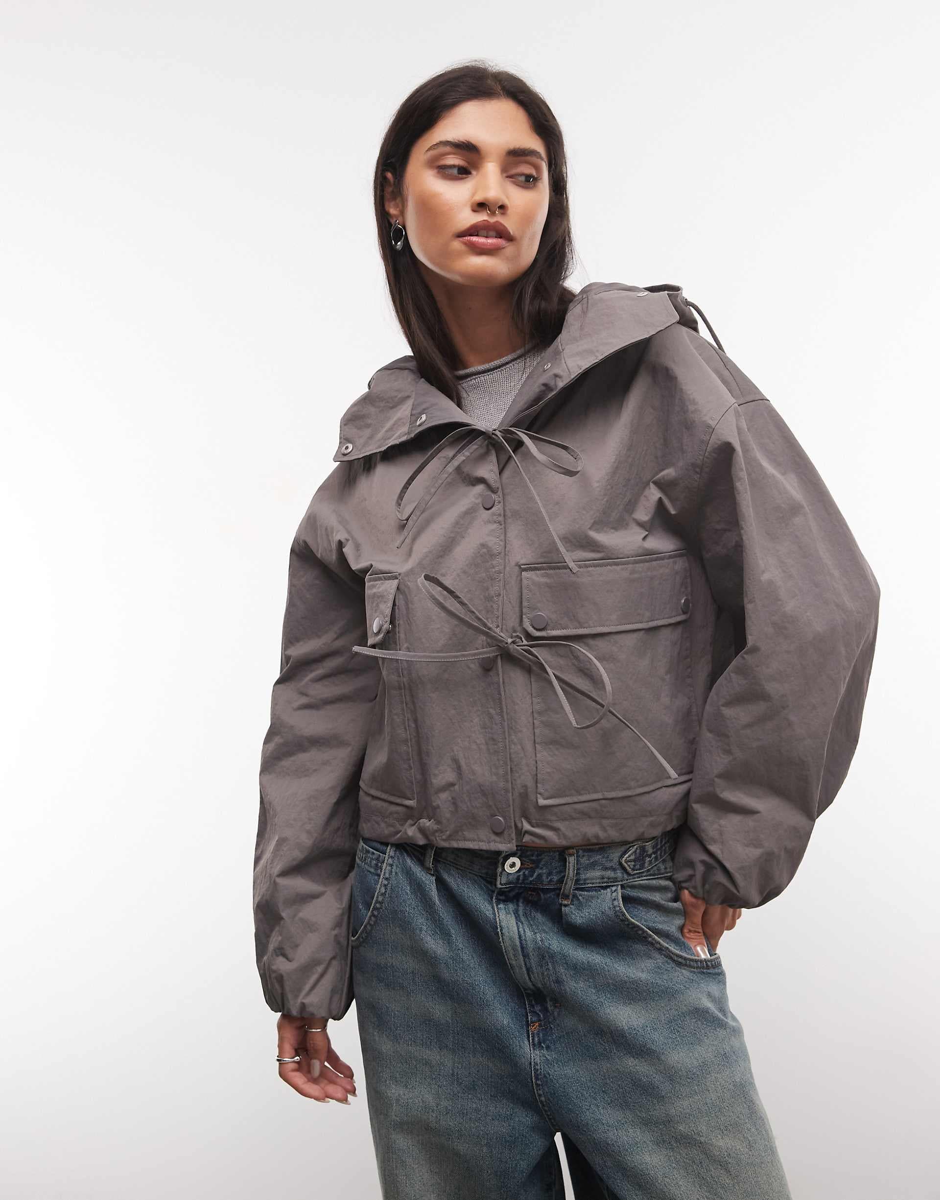 COLLUSION cropped bow tie hooded jacket in gray
