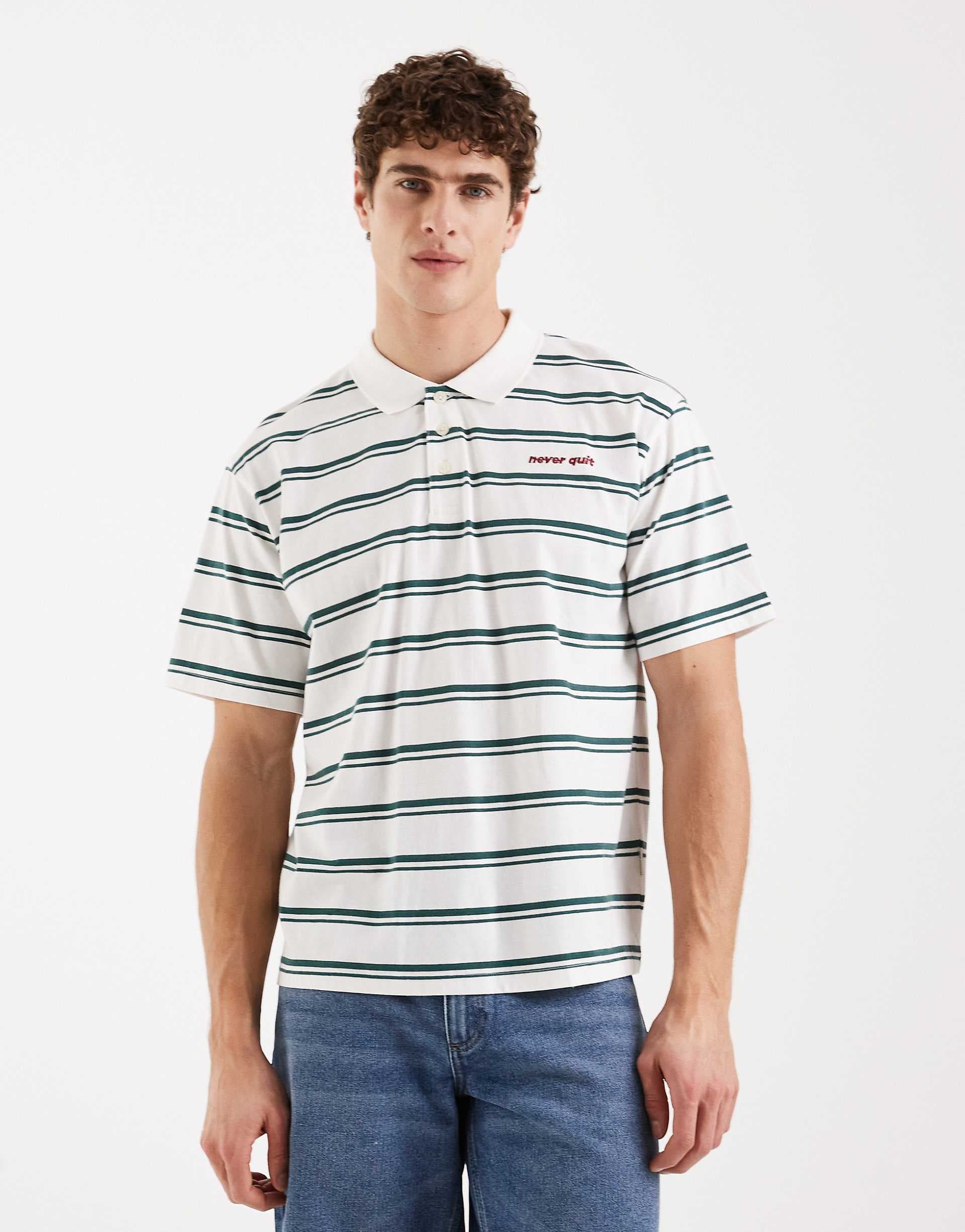 Redefined Rebel Torrey short sleeve striped oversized polo shirt in white multi