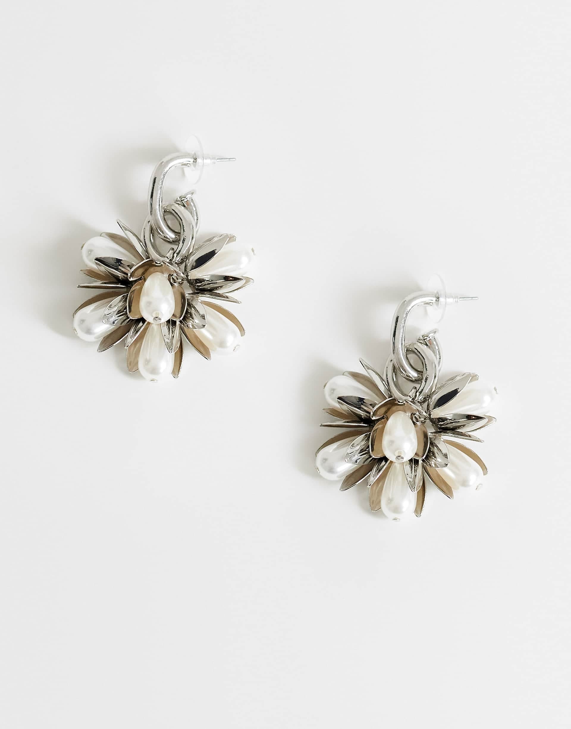 Topshop Colette flower cluster drop earrings in silver and pearl