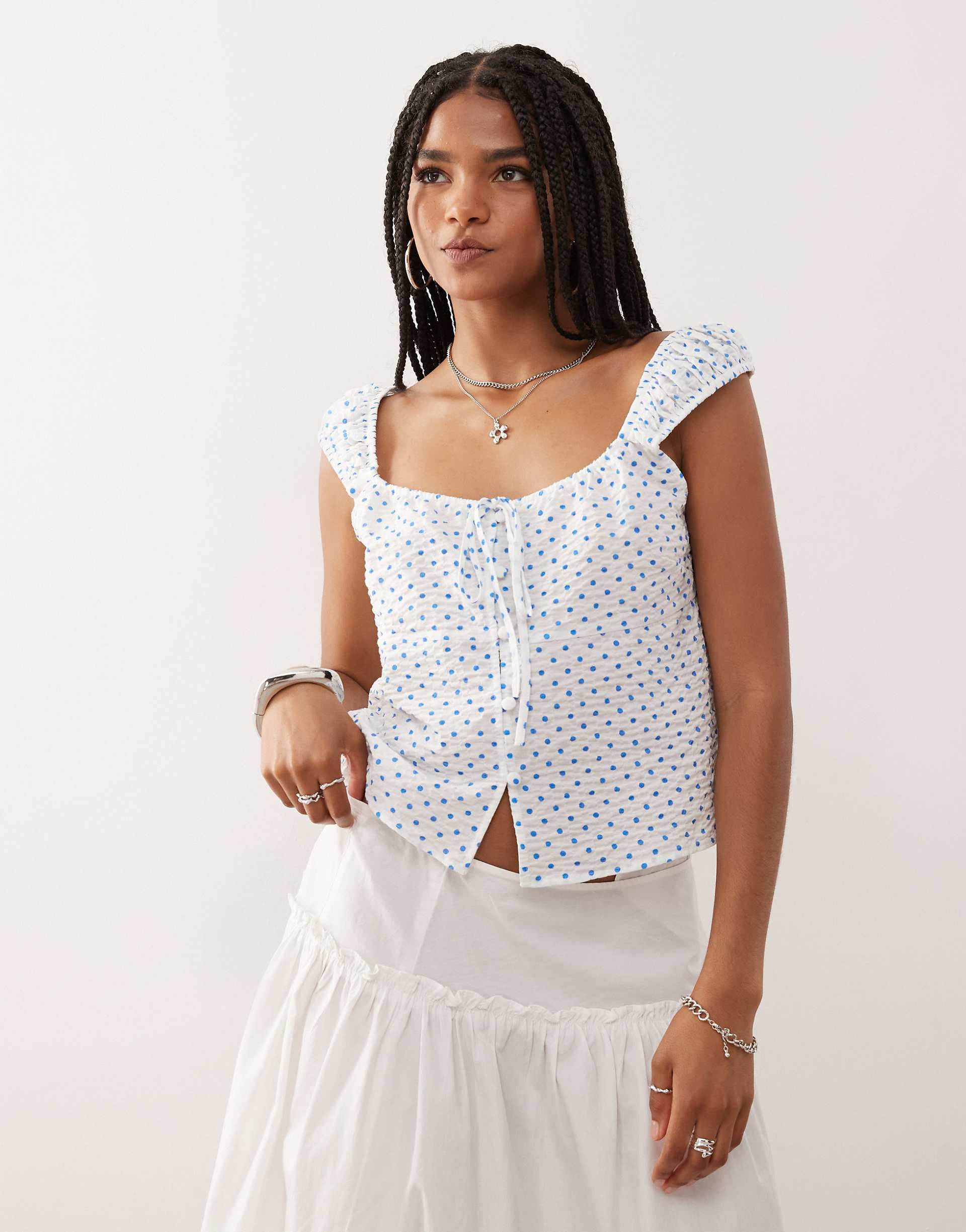 COLLUSION tie front babydoll top in blue spot