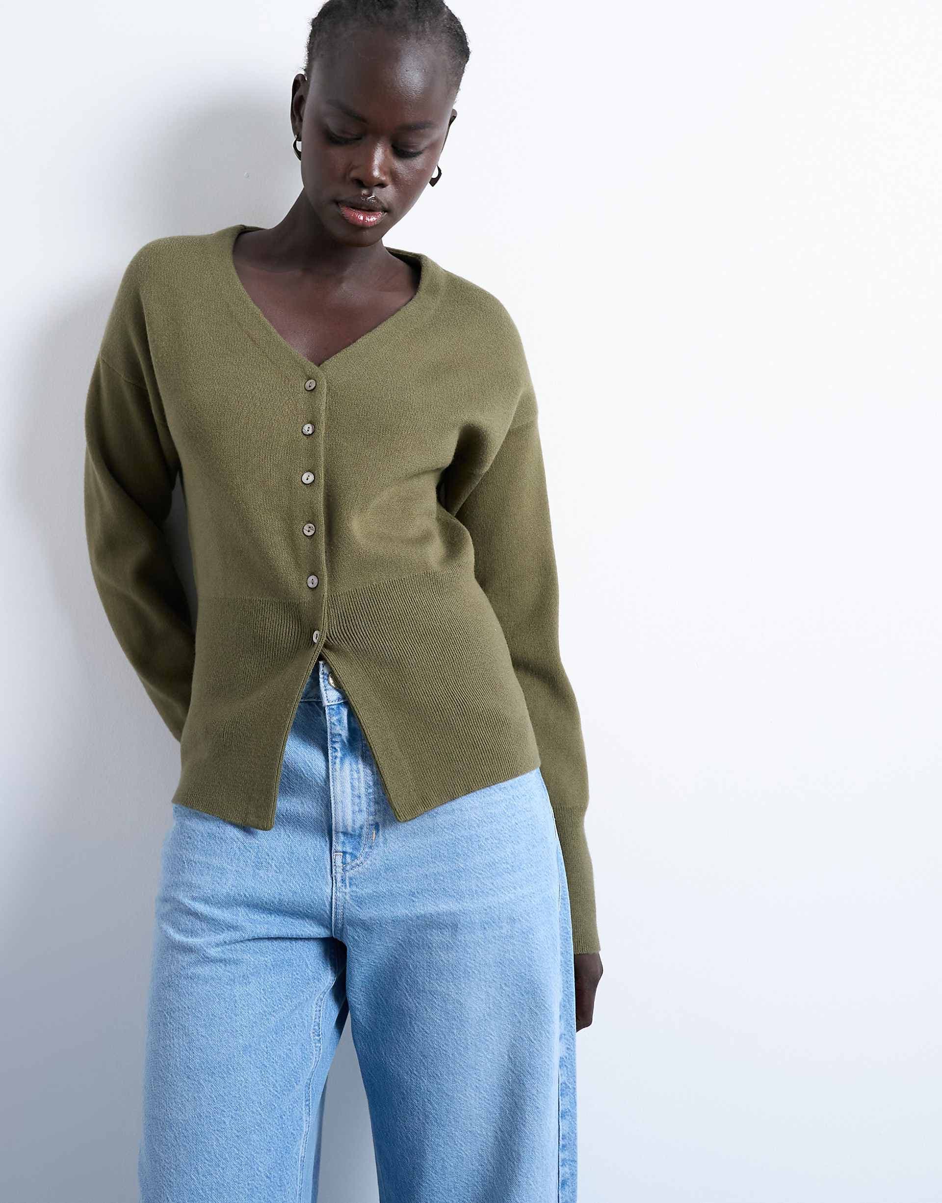 Topshop knit v neck longline compact fitted waist cardigan in green