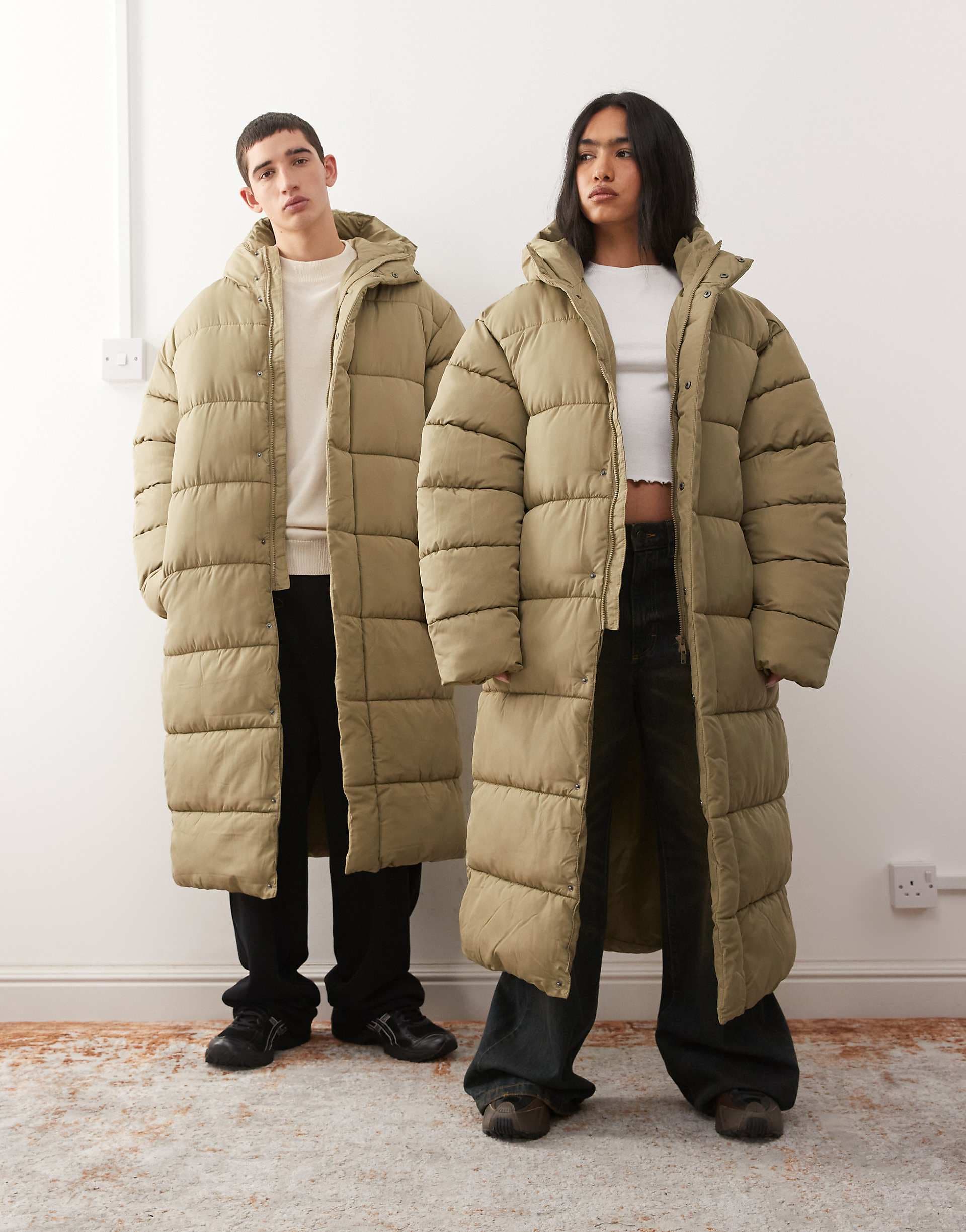 COLLUSION Unisex maxi puffer coat in khaki green
