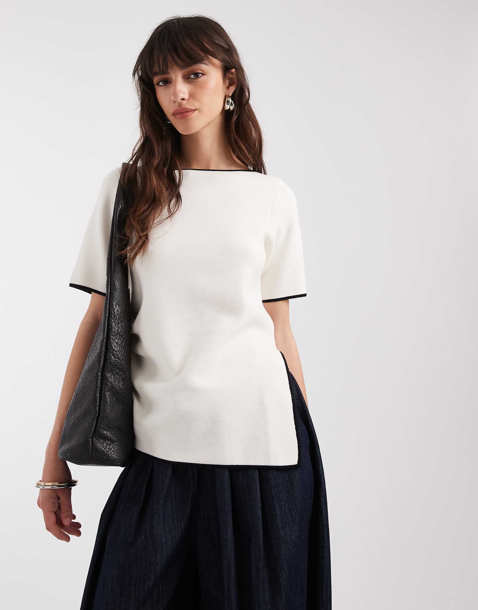 ASOS DESIGN ruched side asymmetric T-shirt in white with black tipping