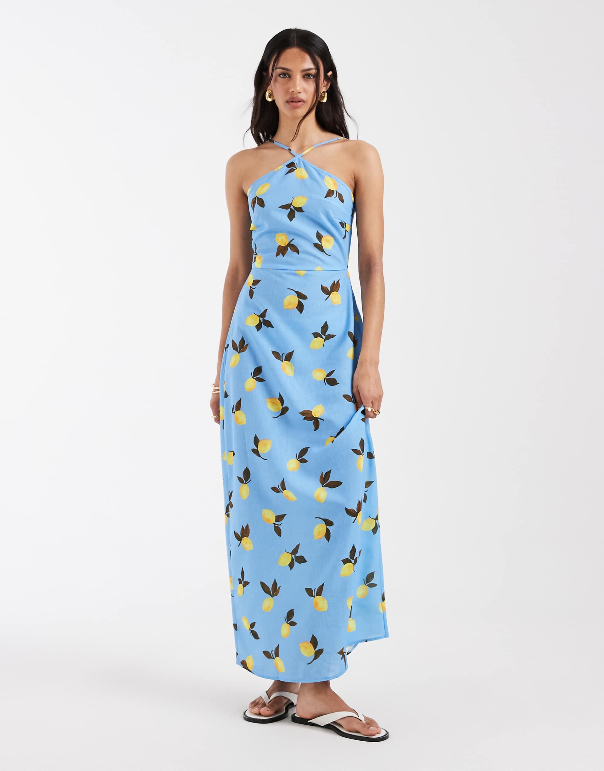 Vero Moda halter maxi dress in blue lemon print