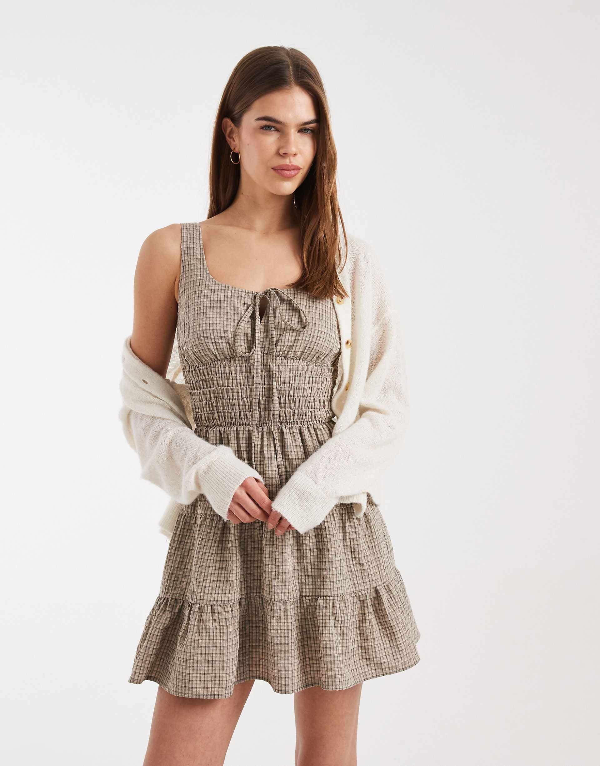 Daisy Street tiered mini dress with shirring in beige plaid