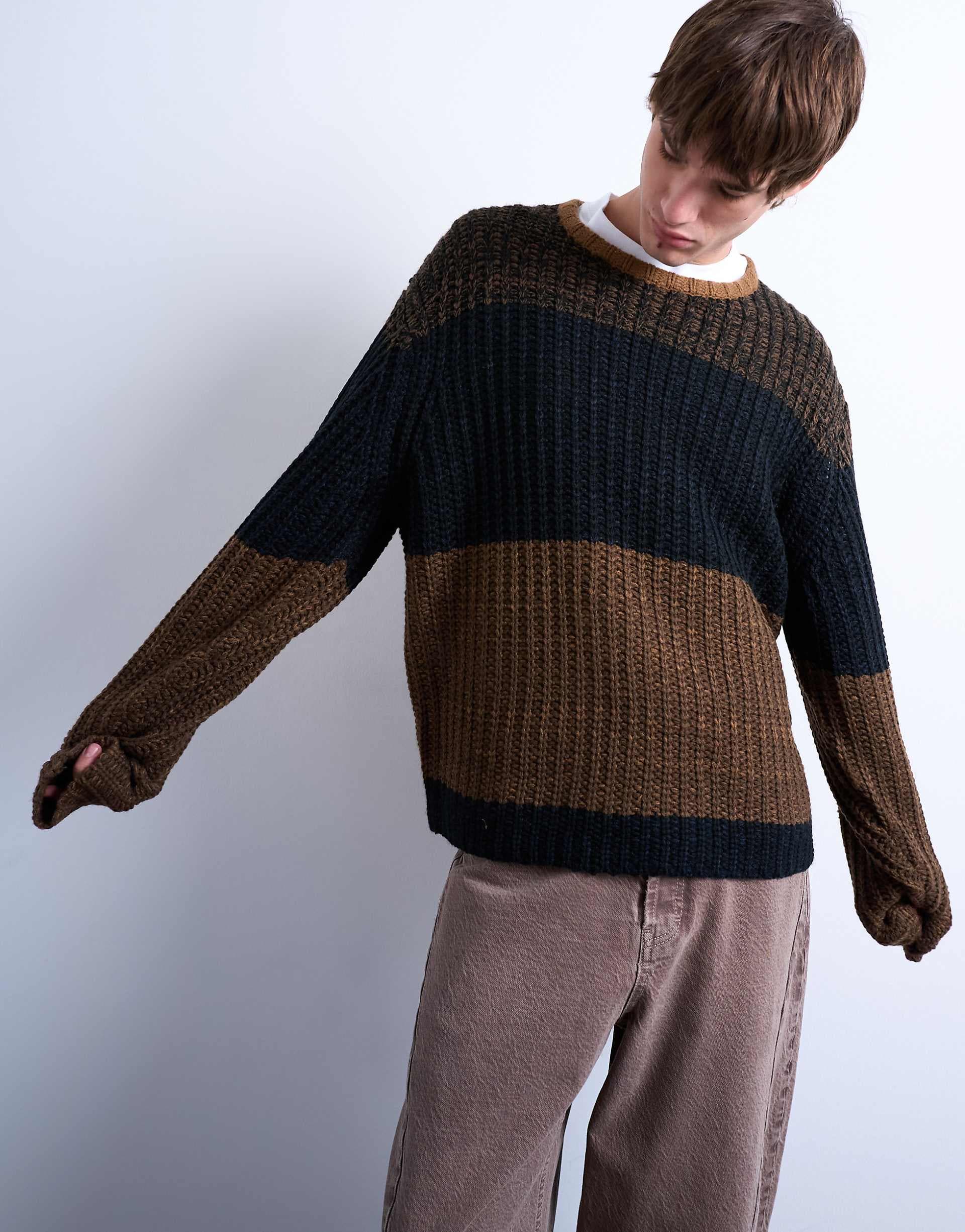 Topman oversized fit color block striped sweater in brown