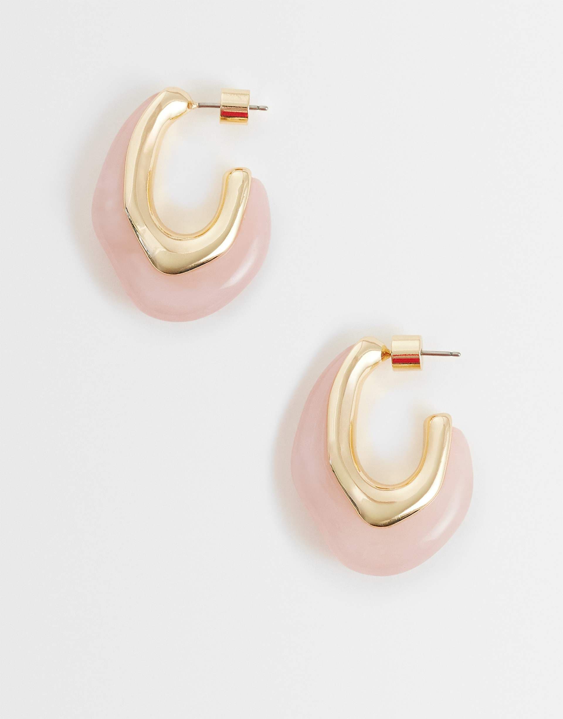 ASOS DESIGN small hoops with light pink resin design in gold tone