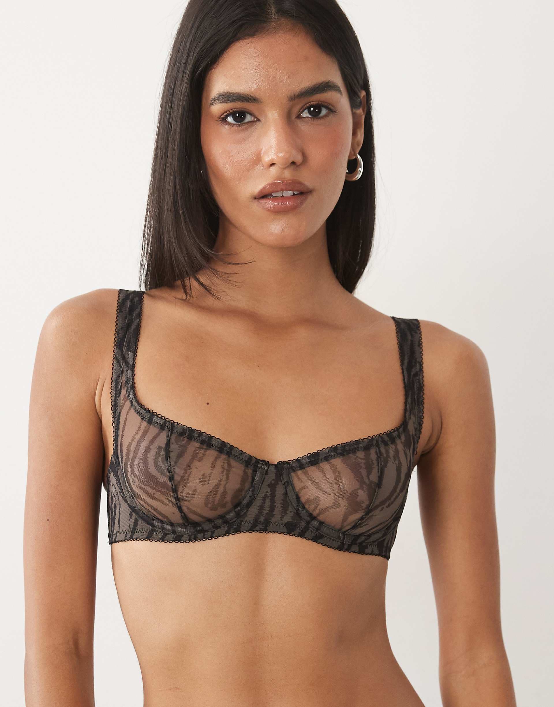 ASOS DESIGN sheer mesh underwire bra in gray tiger print