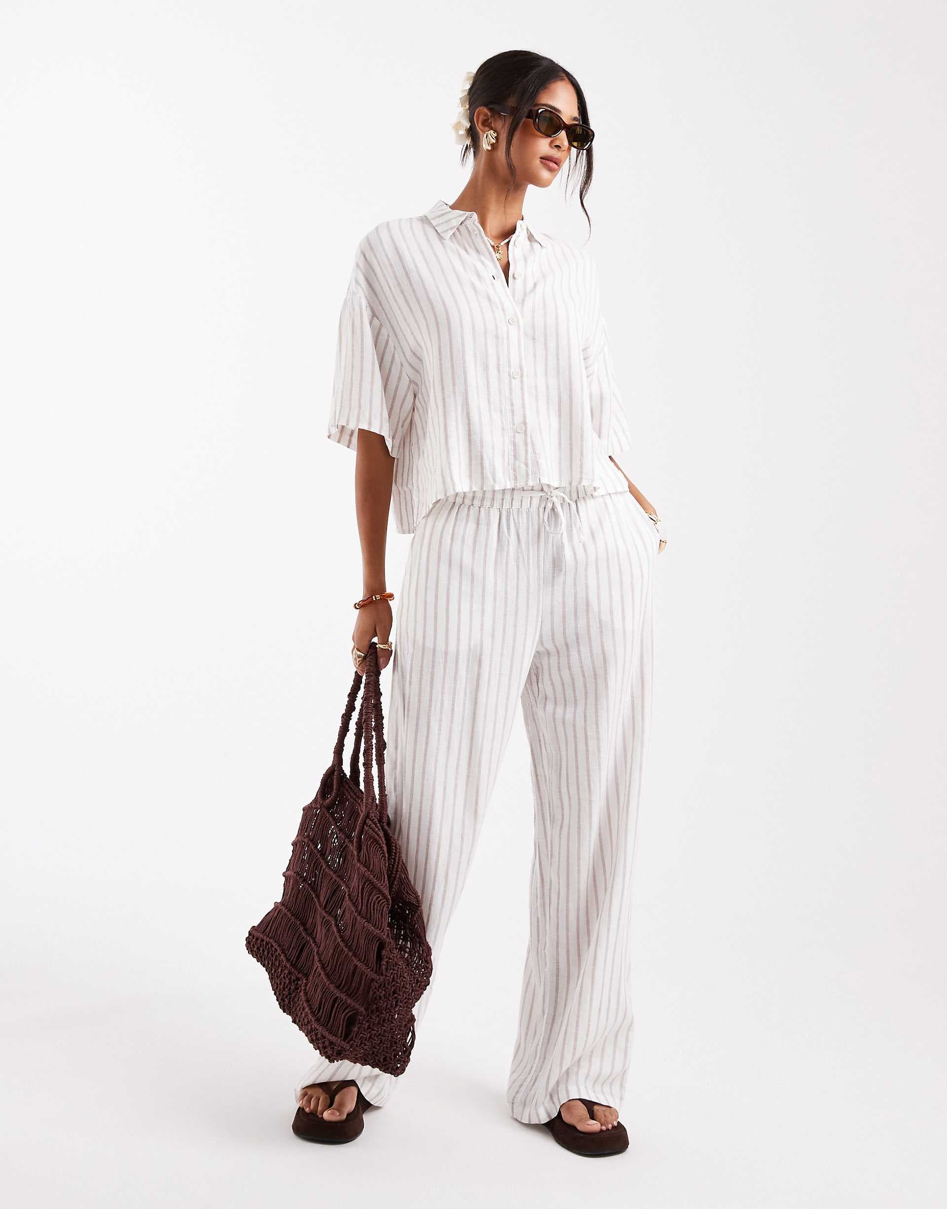 Vero Moda linen mix tie waist pants in moon rock stripe - part of a set