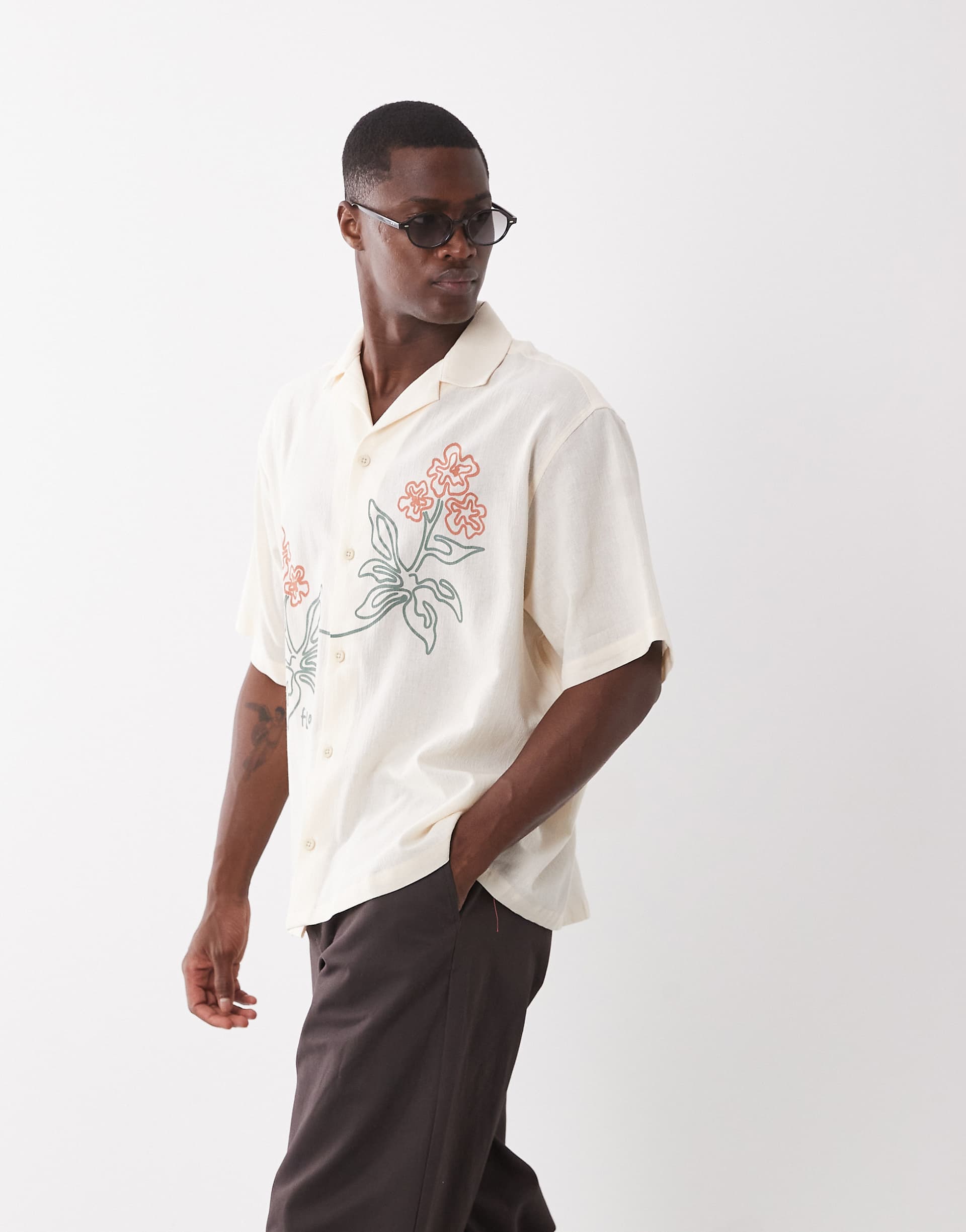 ASOS DESIGN oversized shirt with floral print in cream