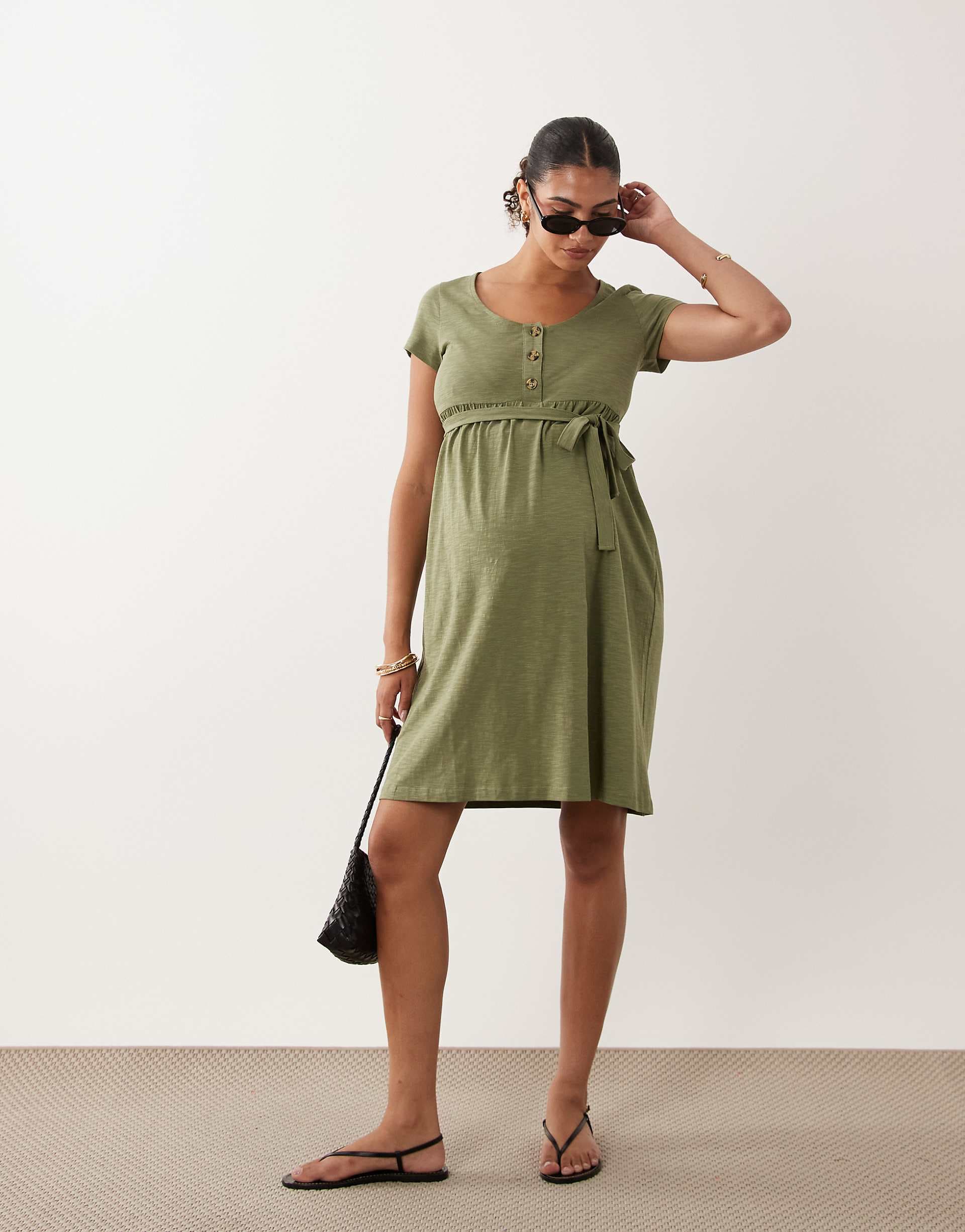 Mamalicious Maternity button front tie waist midi dress in olive green