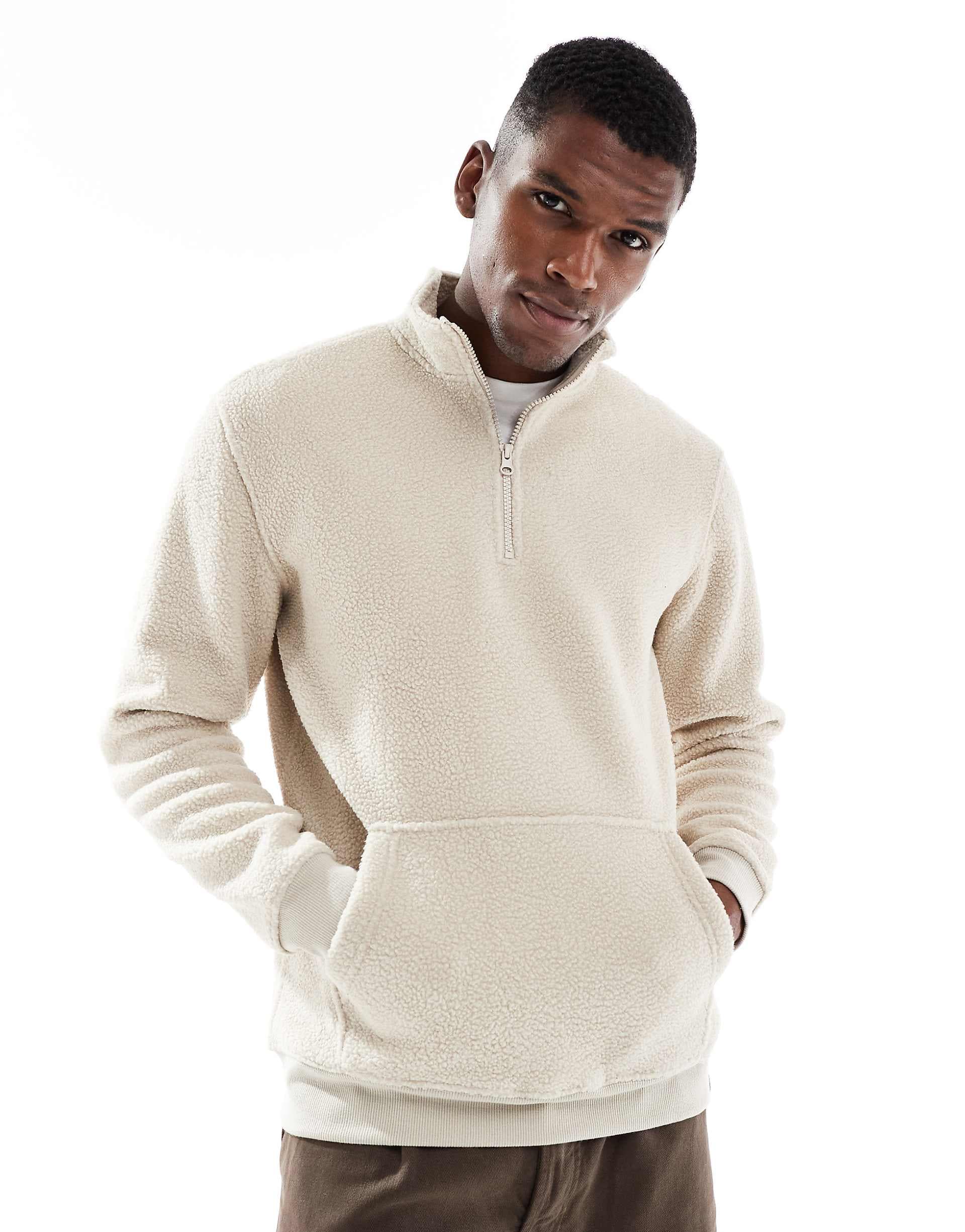 ONLY & SONS quarter zip fleece in stone