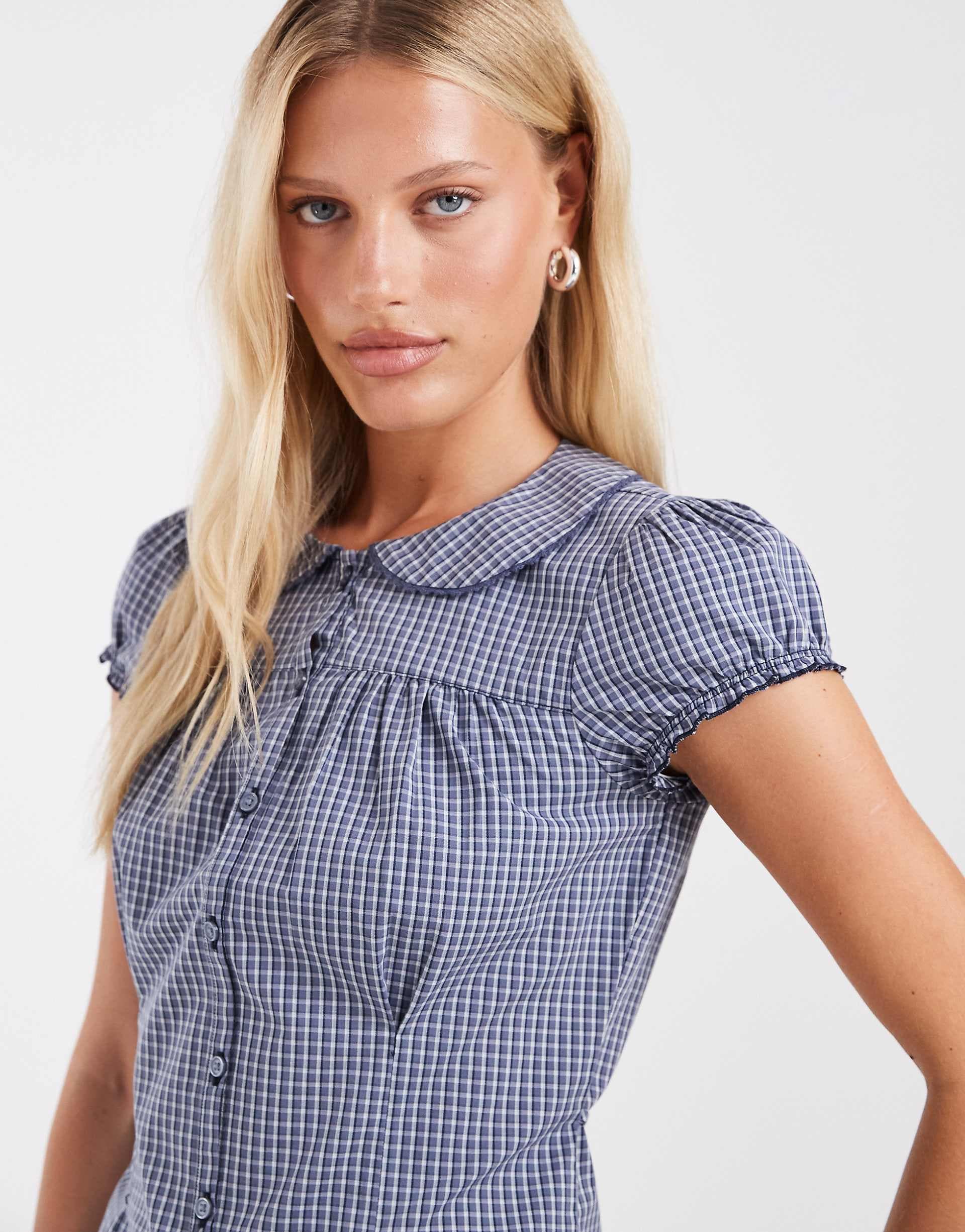 Hollister short sleeve babydoll shirt in blue plaid
