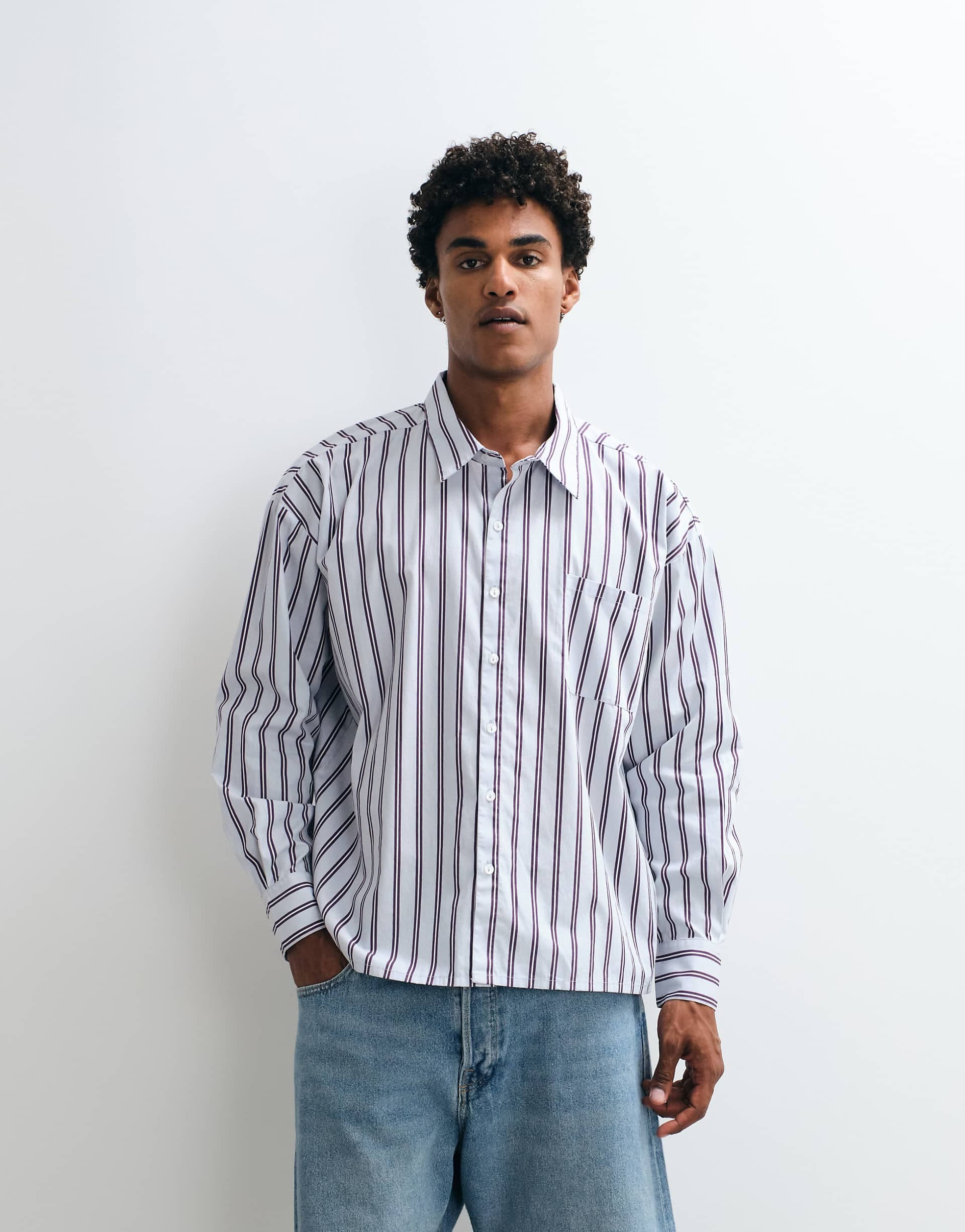 Reclaimed Vintage long sleeve oversized shirt in white with dark stripes