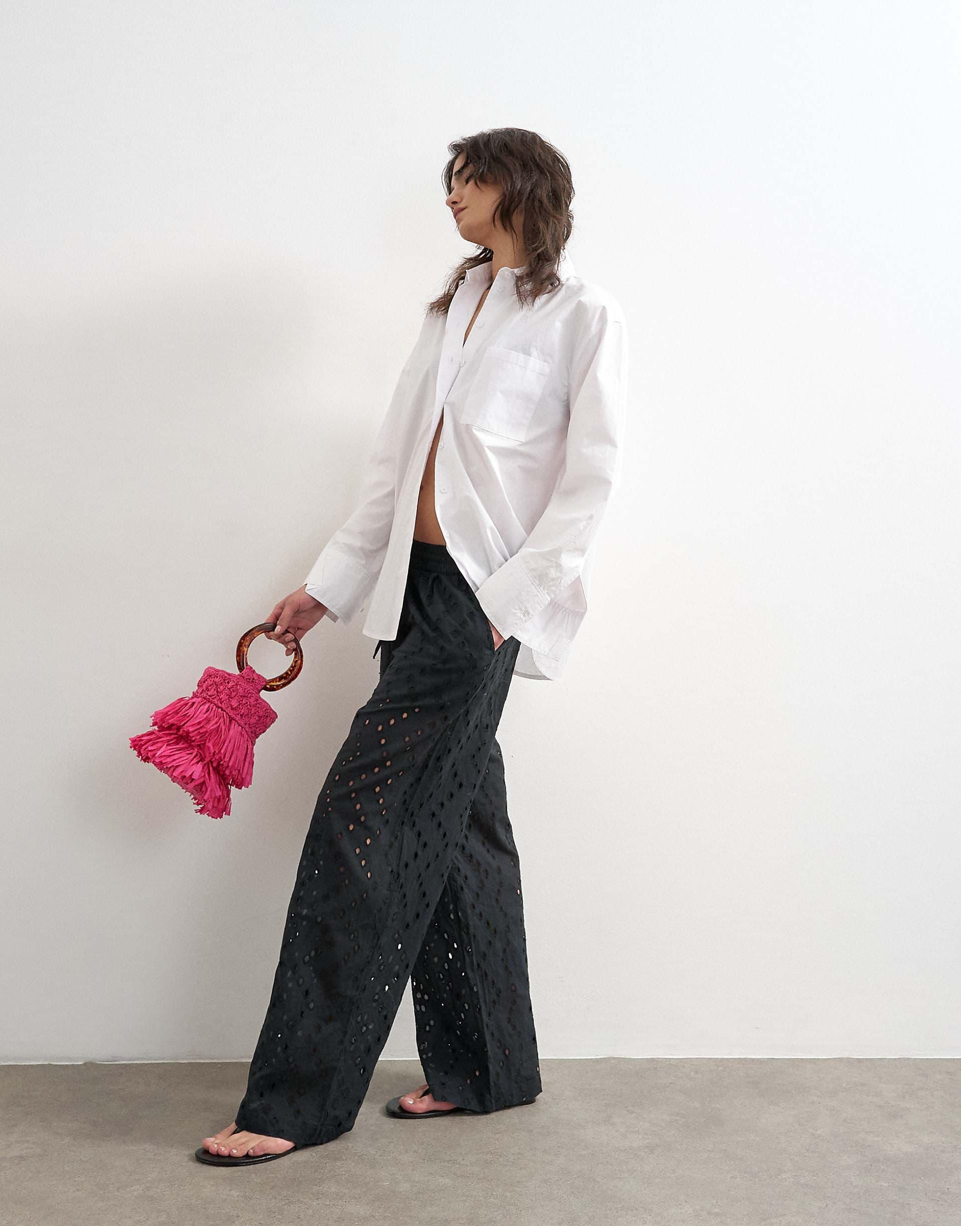 Topshop large broderie cut out tie waist pants in black