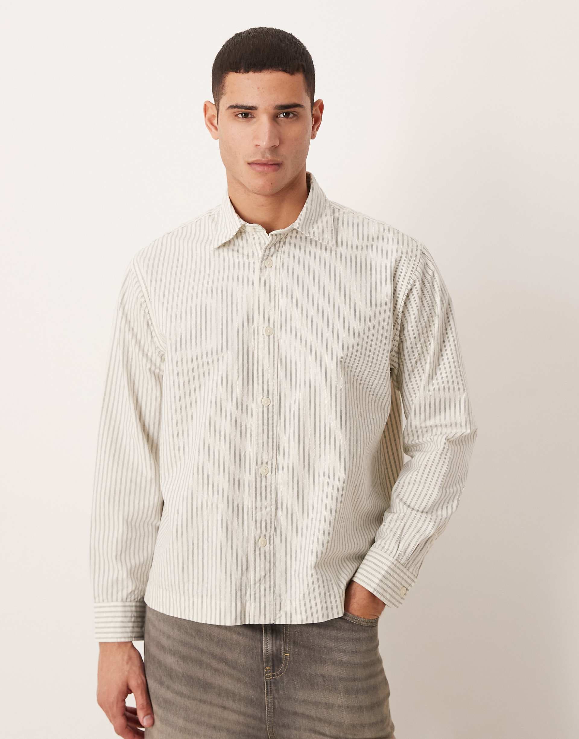Selected oversized boxy striped shirt in beige