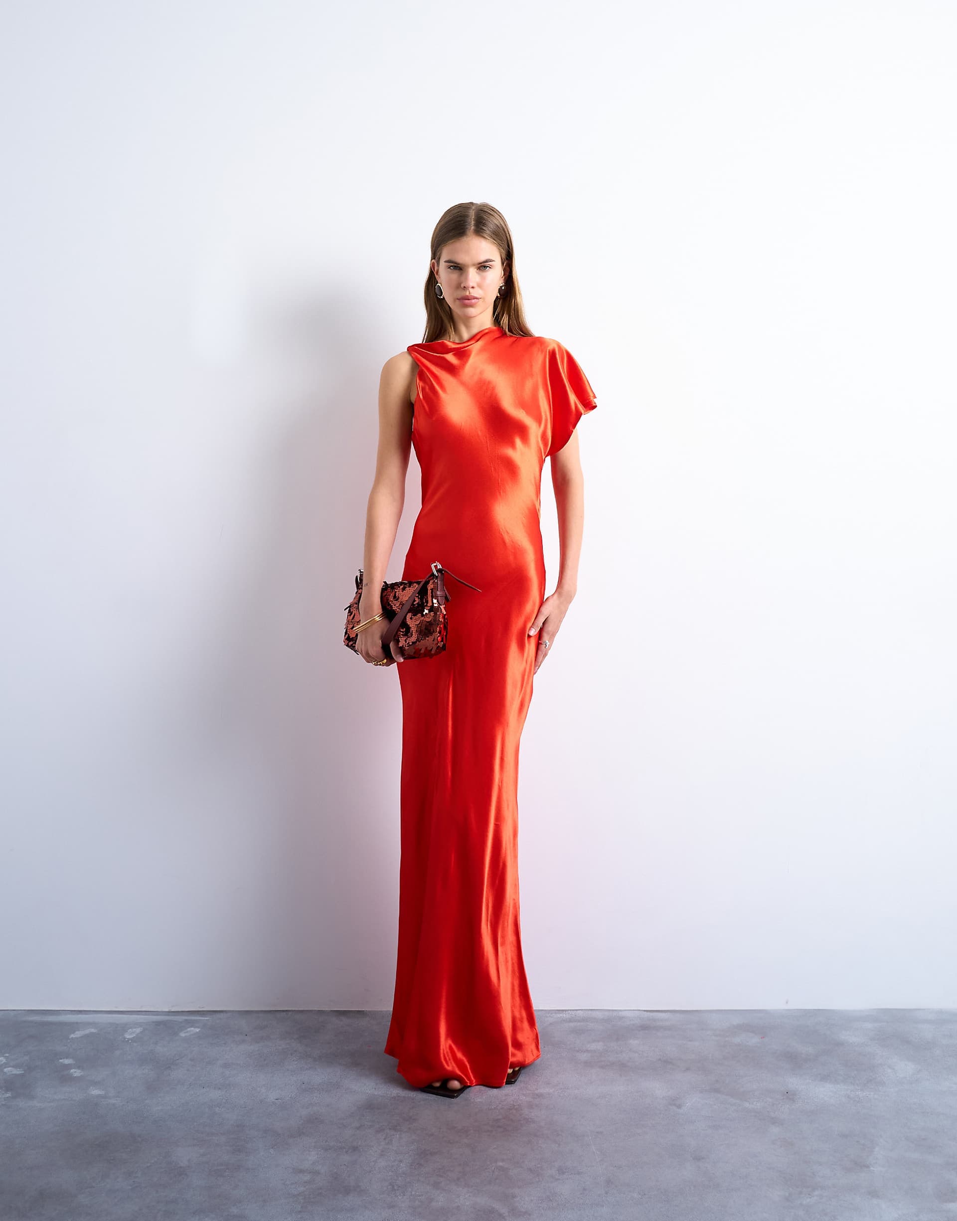 Topshop twist shoulder backless satin midi dress in red
