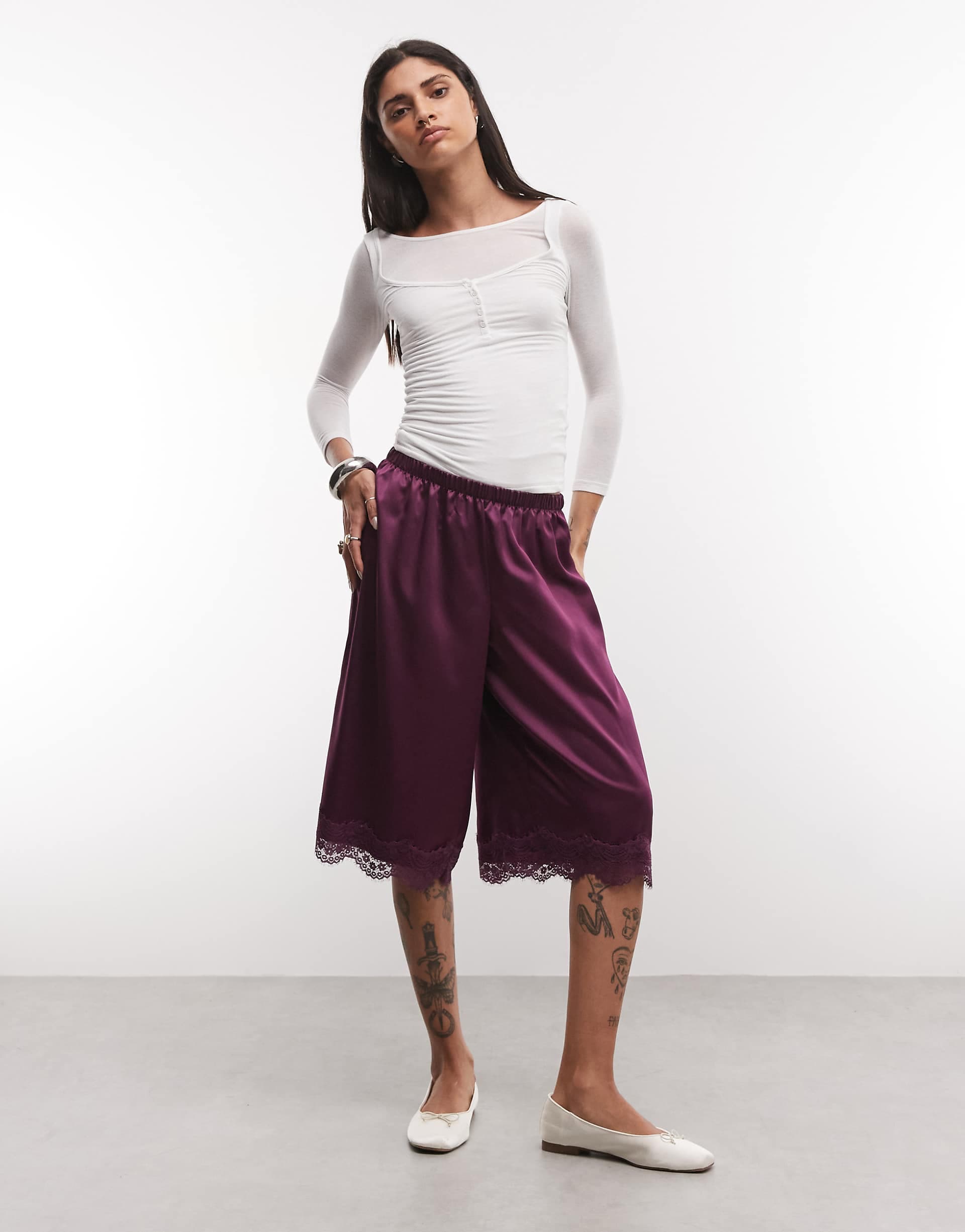 Reclaimed Vintage longline satin shorts with lace trim in plum