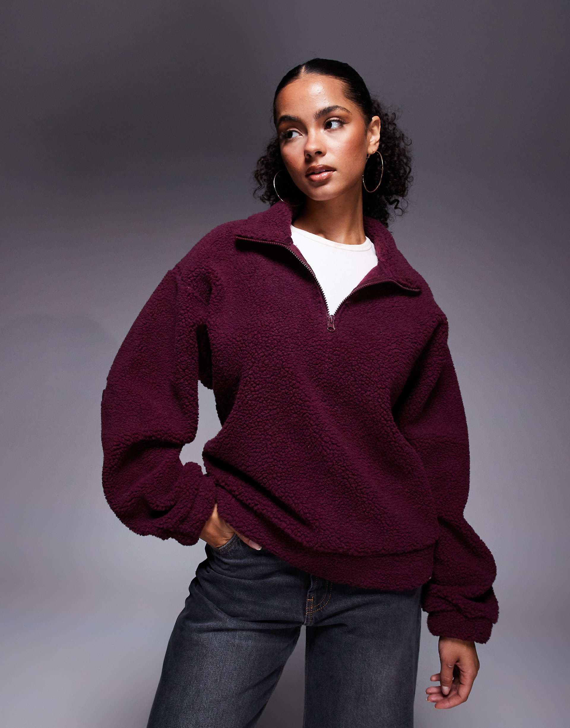 Weekend Collective borg zip up fleece with burnout graphic in burgundy
