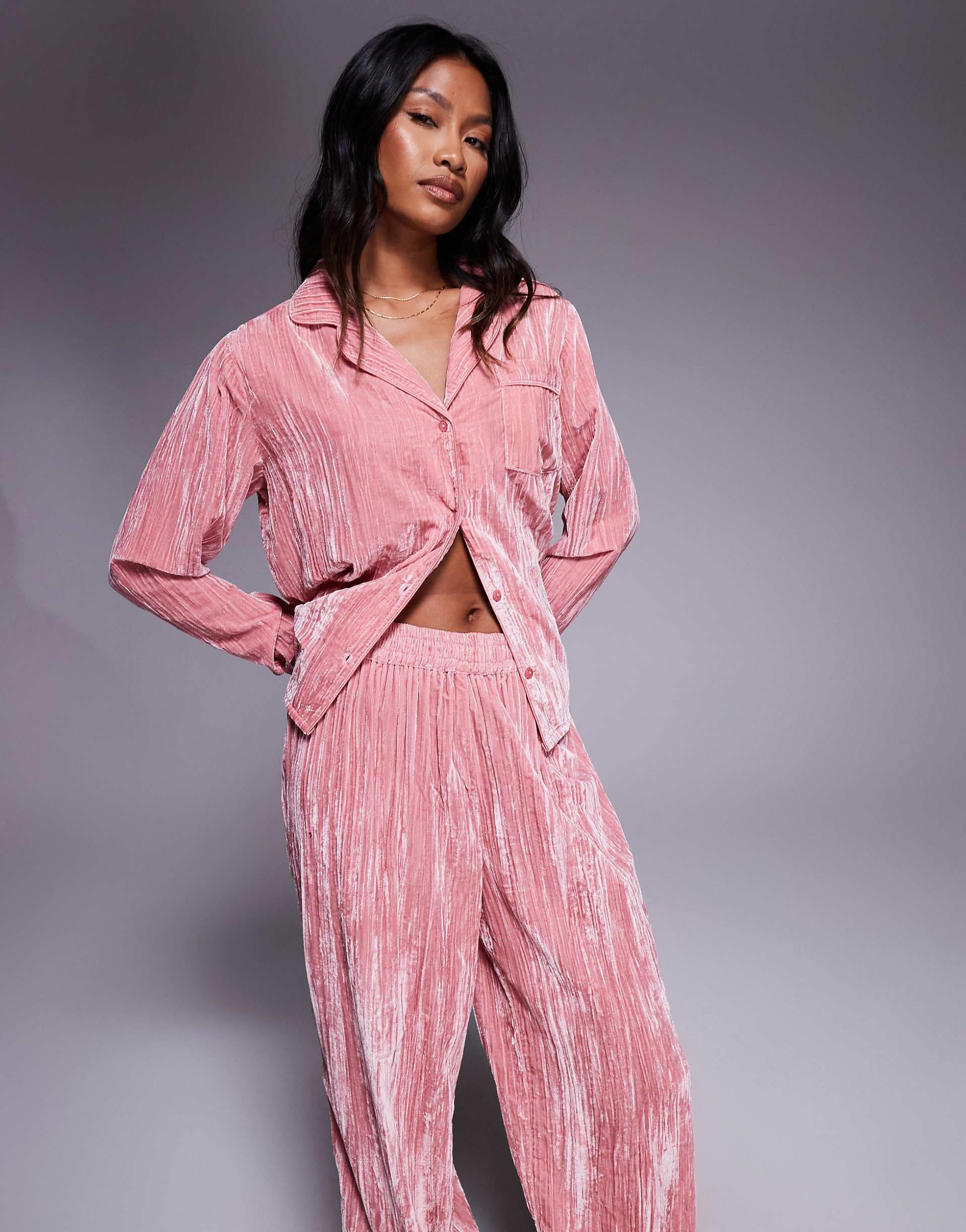 ASOS DESIGN velvet textured pajama set in pink