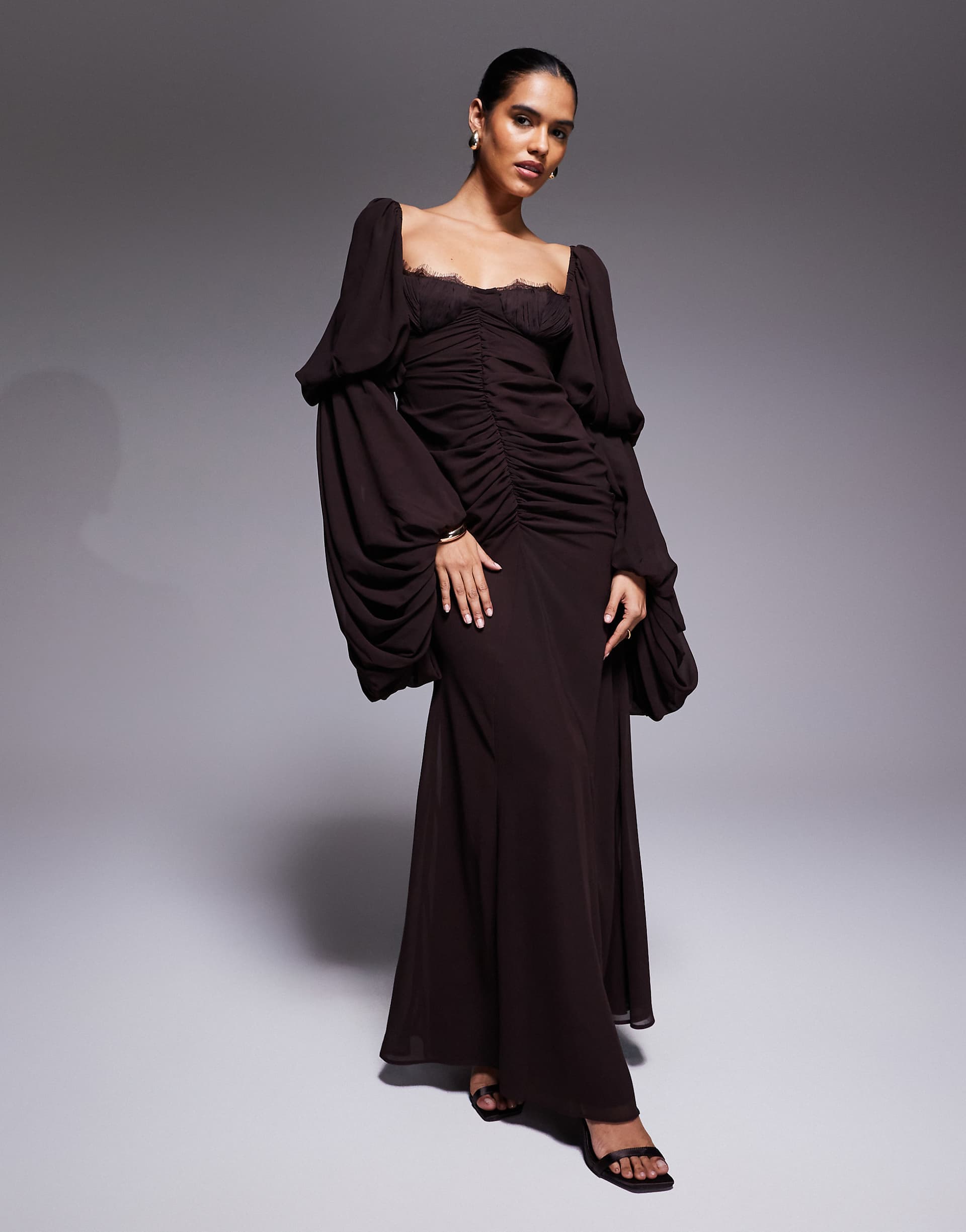 ASOS DESIGN exaggerated sleeves drape front maxi dress with godets in chocolate
