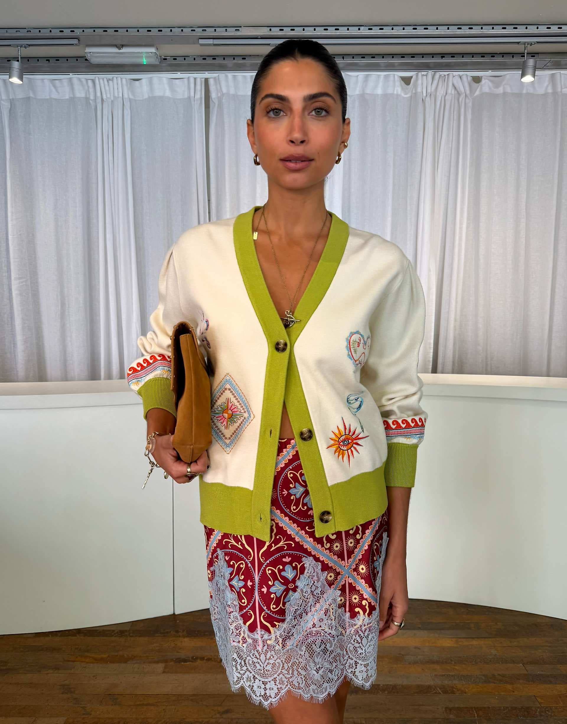 Never Fully Dressed V-neck button down embroidered knit cardigan in cream and green