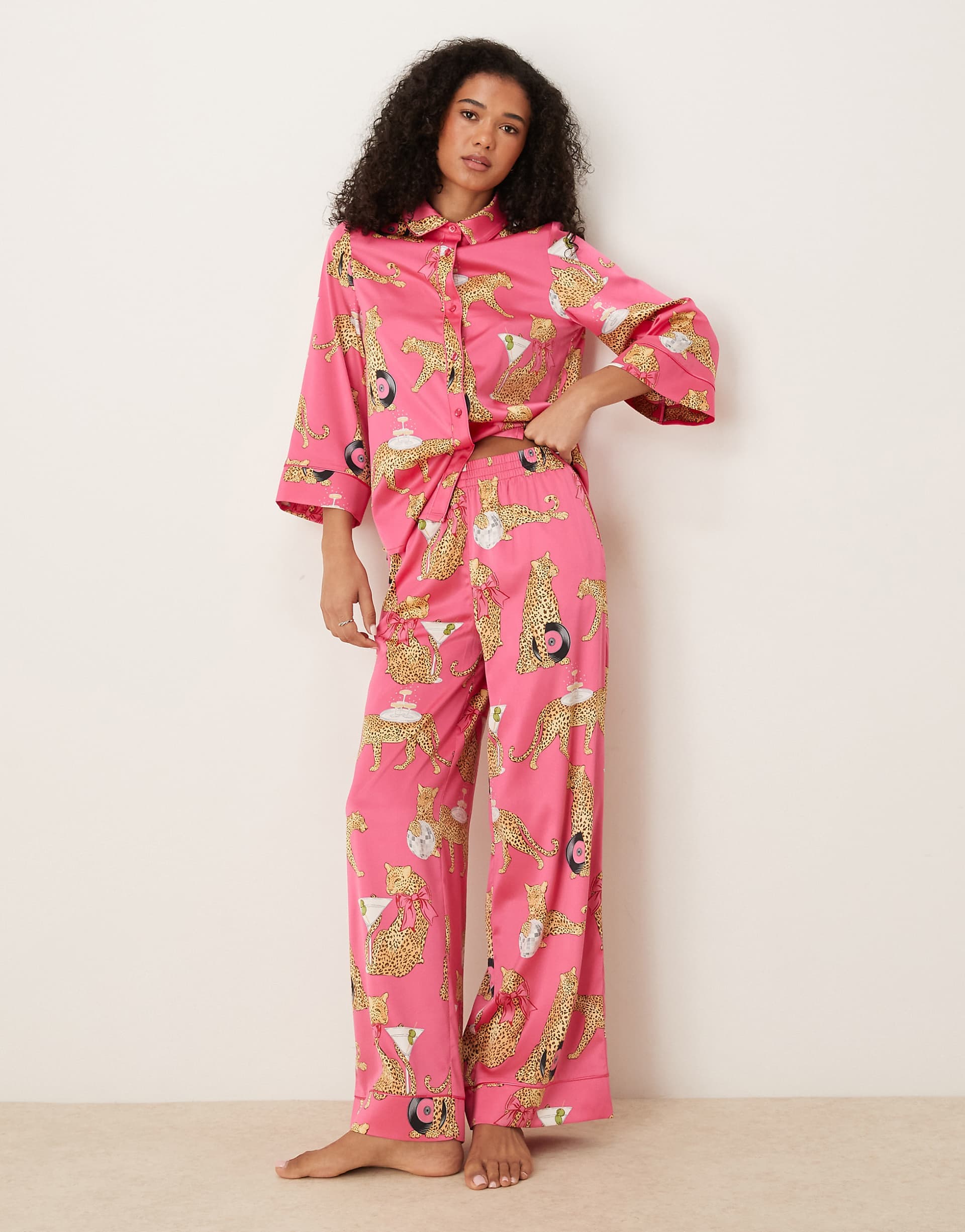 Chelsea Peers satin batwing camp collar pajama set in disco leopard print