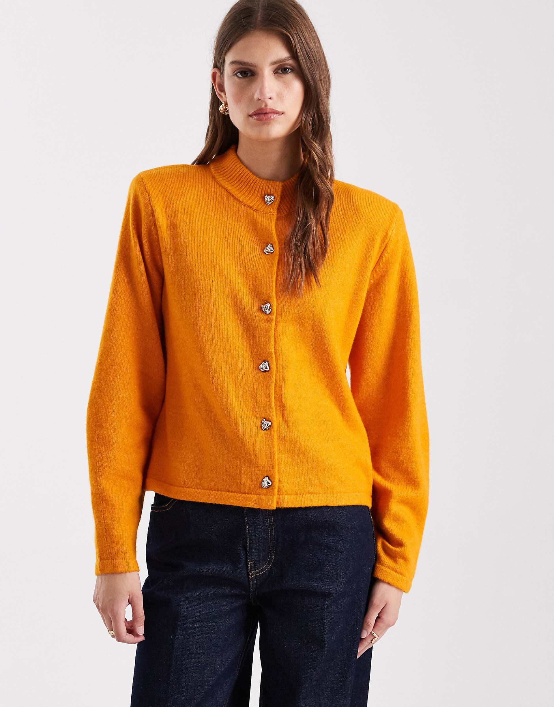 Object molten metal button cardigan with shoulder pads in desert orange