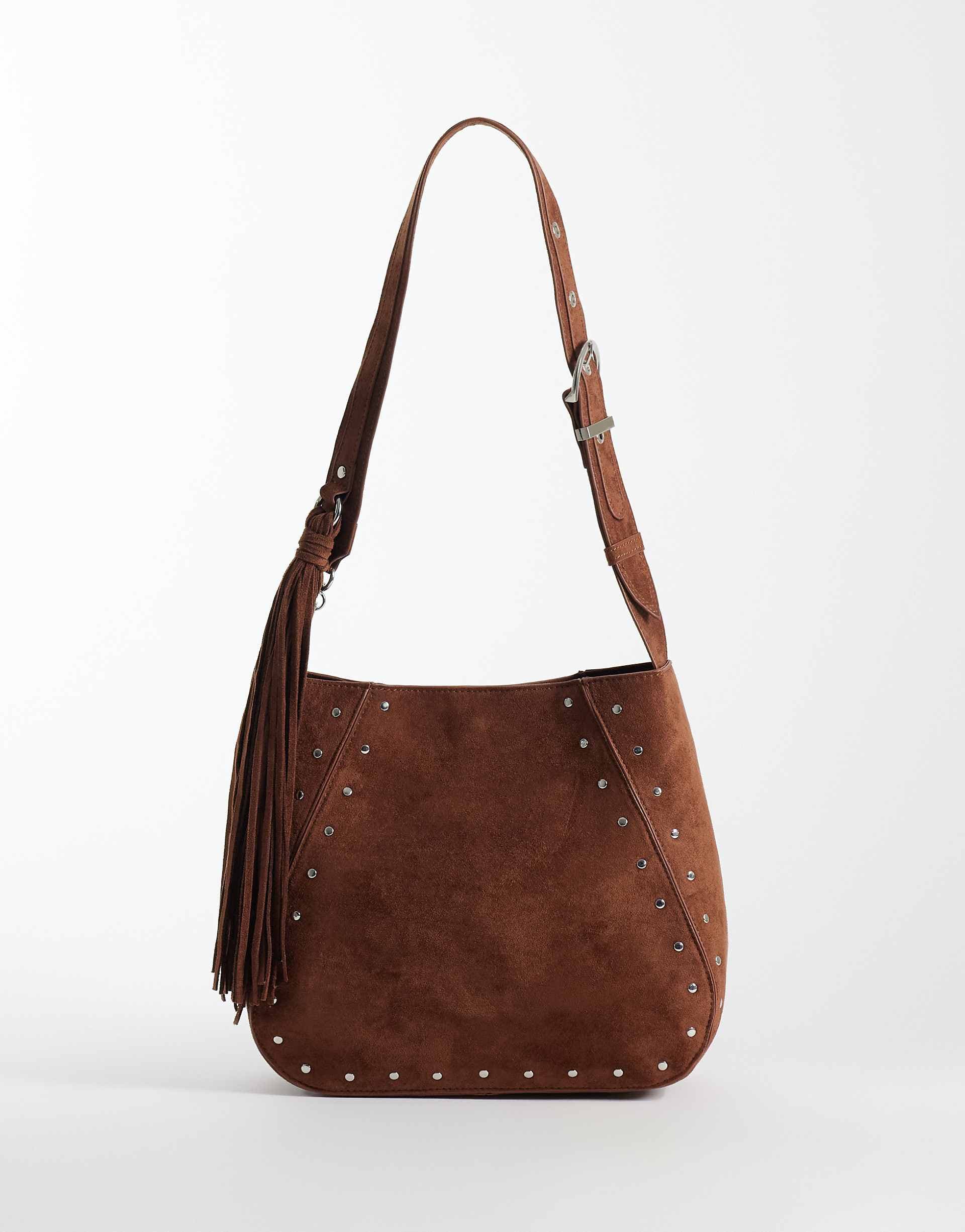 ASOS DESIGN studded tote bag with tassel charm detail in chocolate