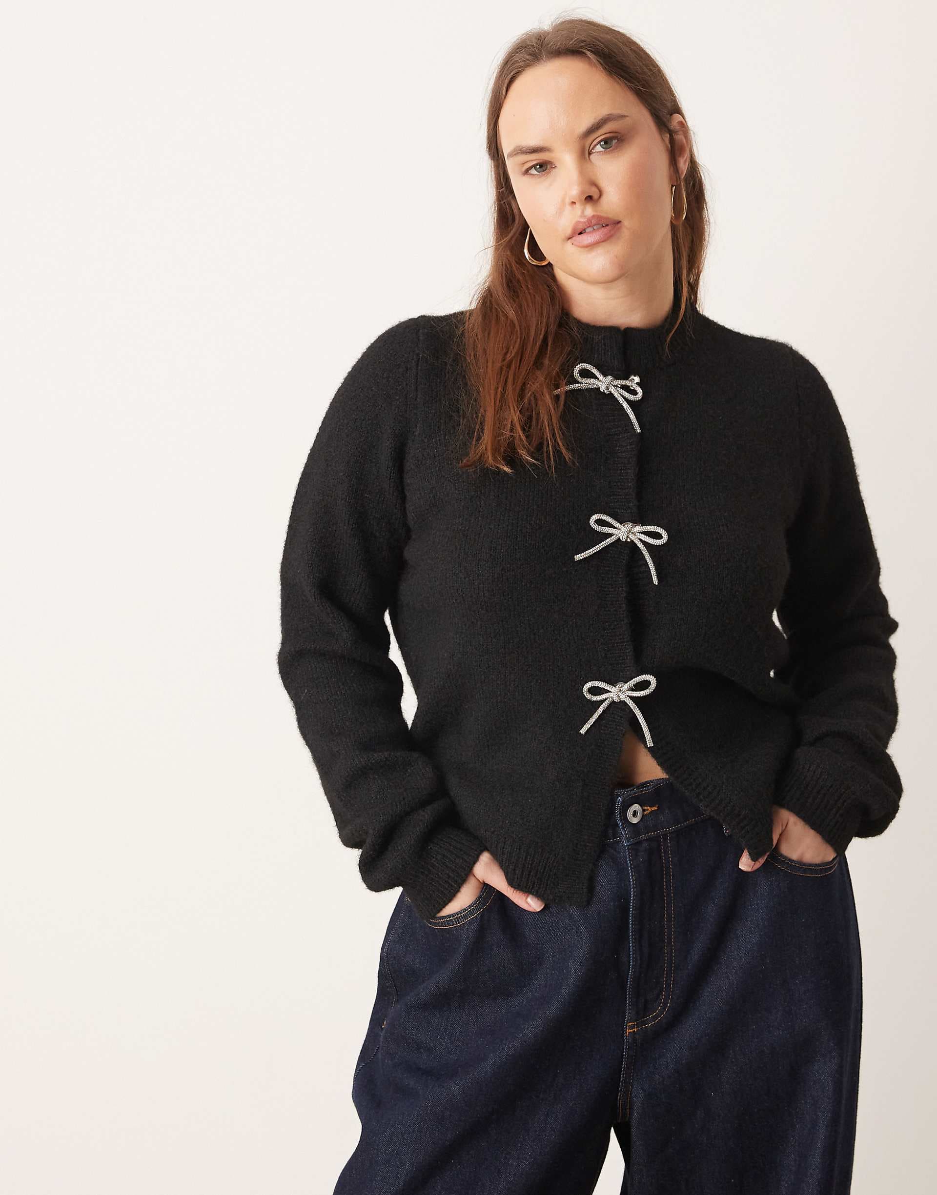 ASOS DESIGN Curve rhinestone bow front cardigan in black