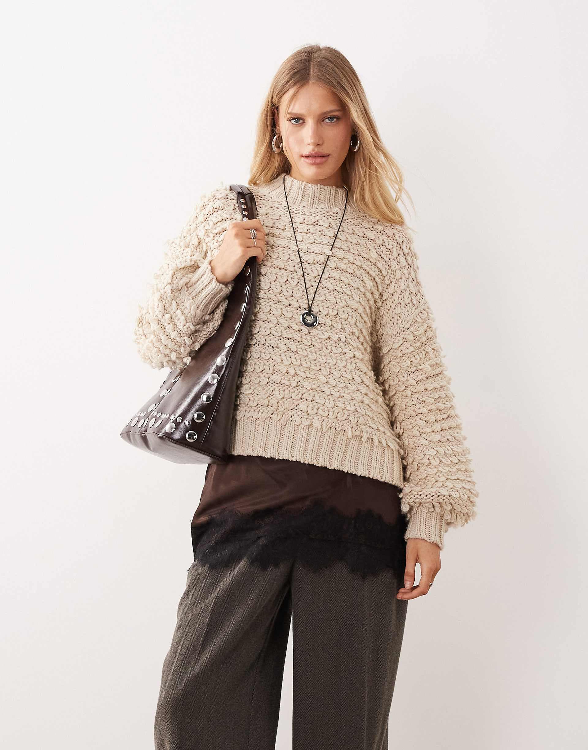 Monki textured oversized knit sweater in beige