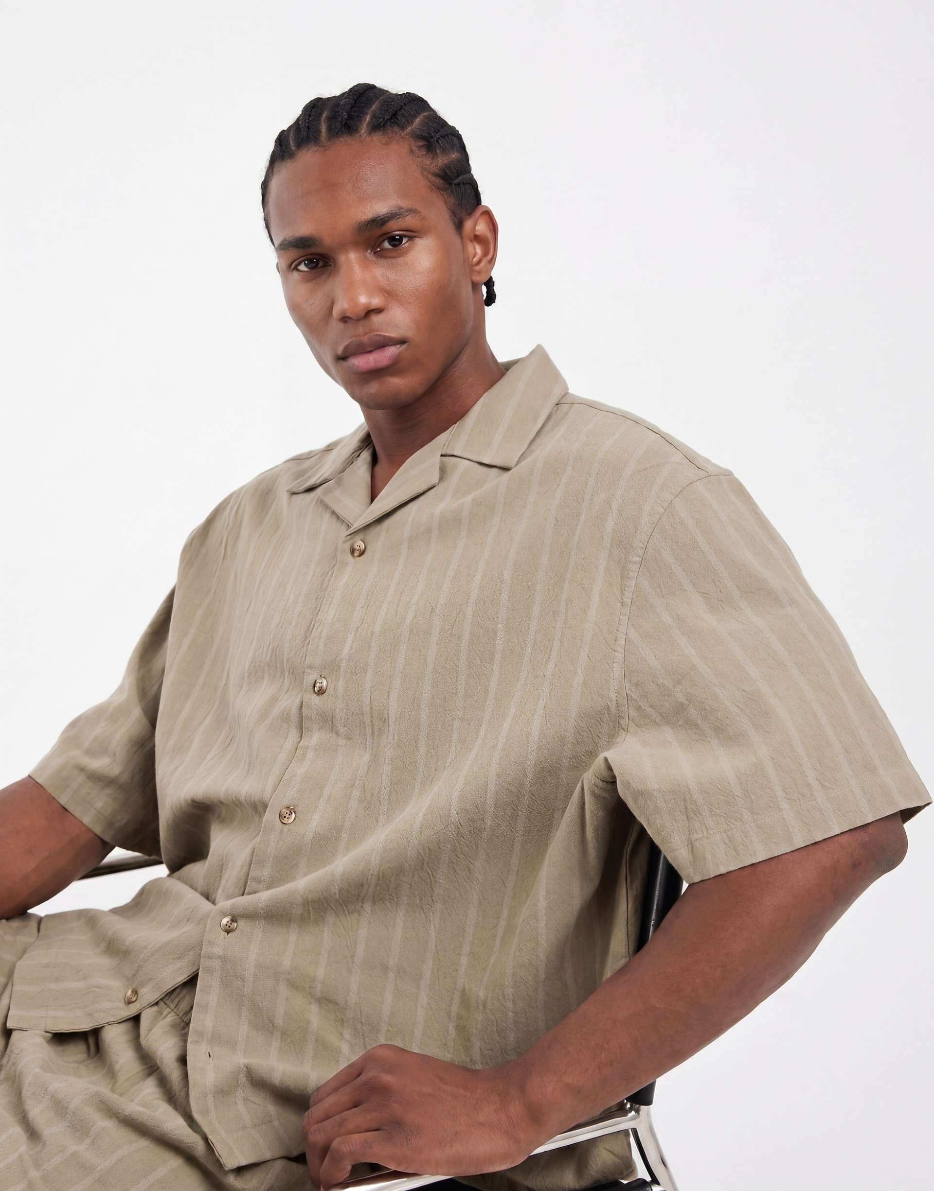 ASOS DESIGN boxy oversized linen look stripe shirt in khaki - part of a set