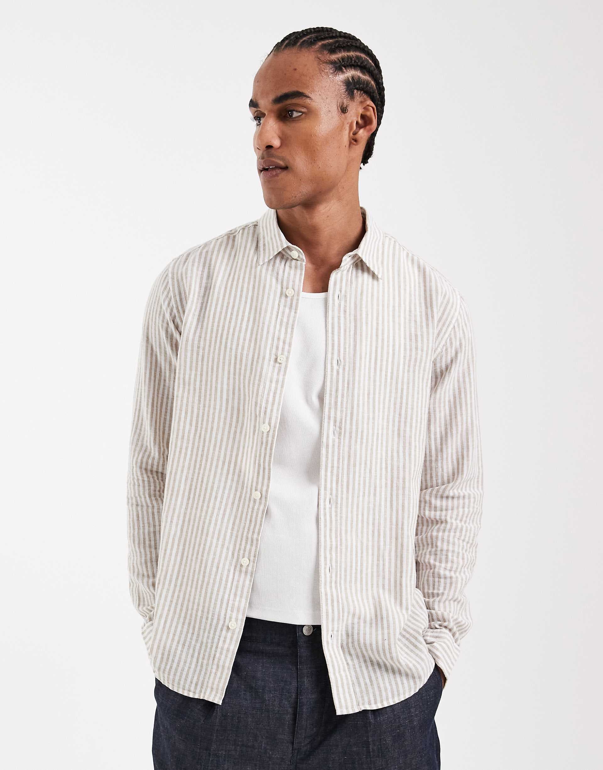 ONLY & SONS linen mix long sleeve shirt in beige stripes