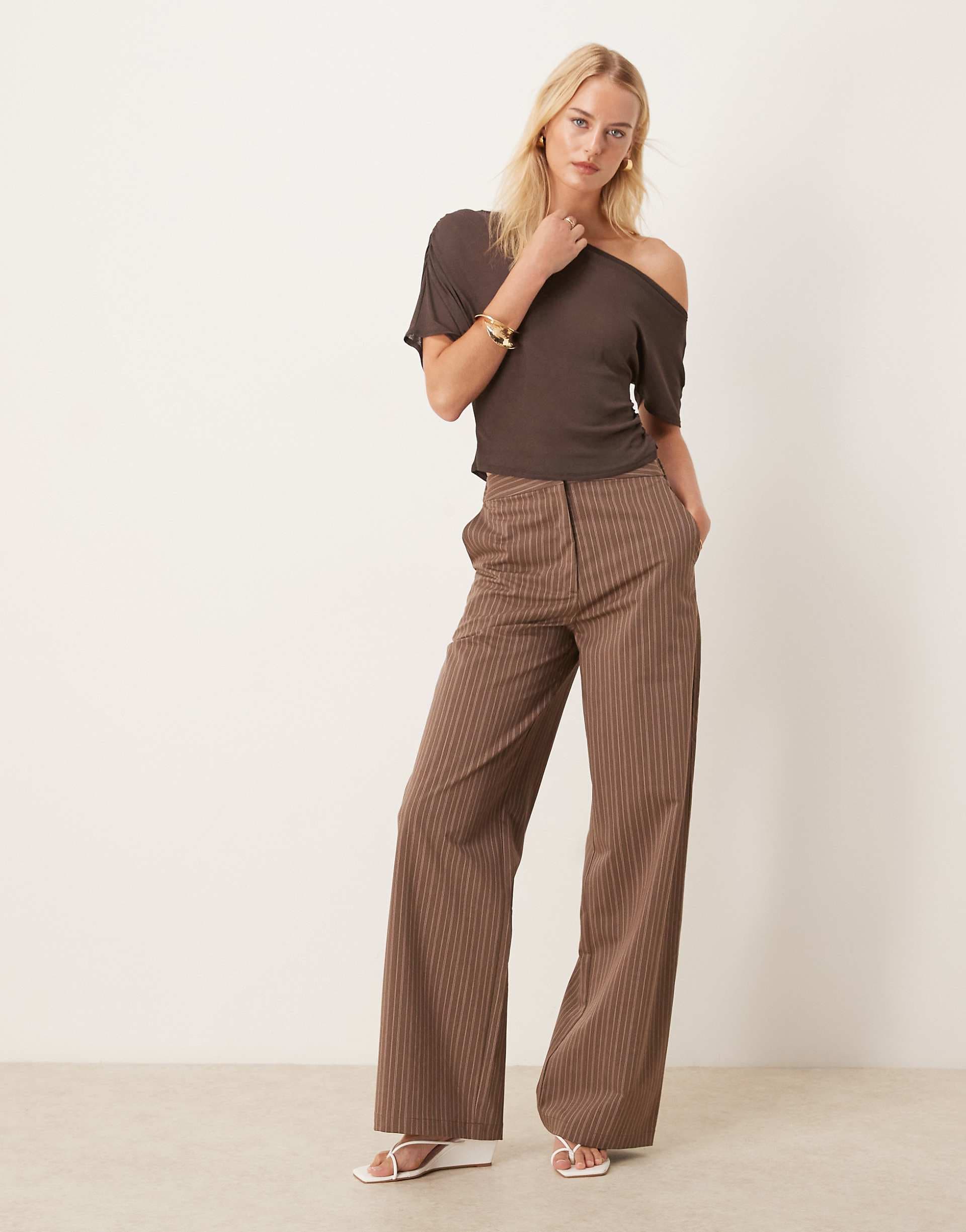 ASOS DESIGN Tall tailored relaxed straight leg pants in coffee stripe