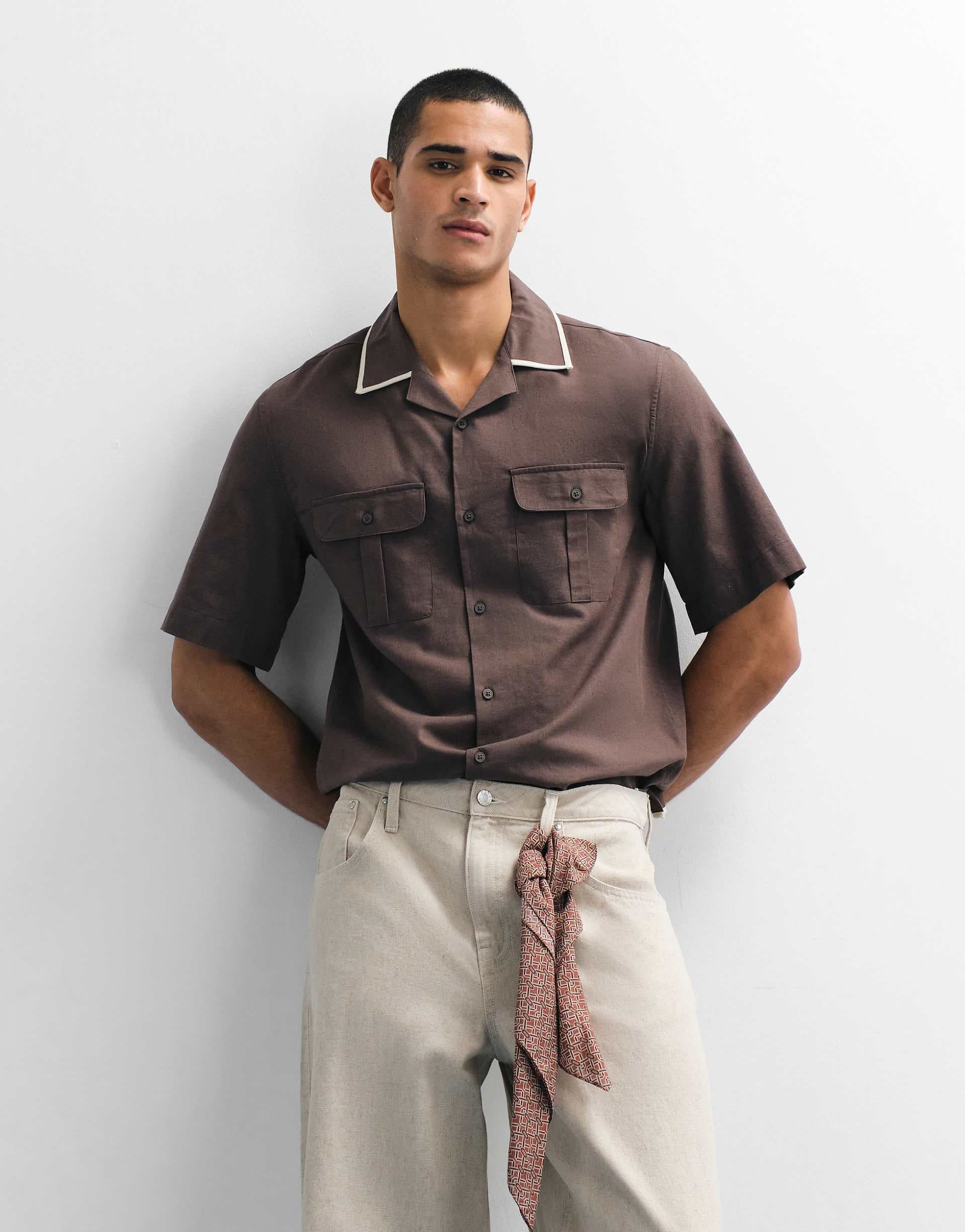 Mango linen blend short sleeve contrast trim shirt in brown