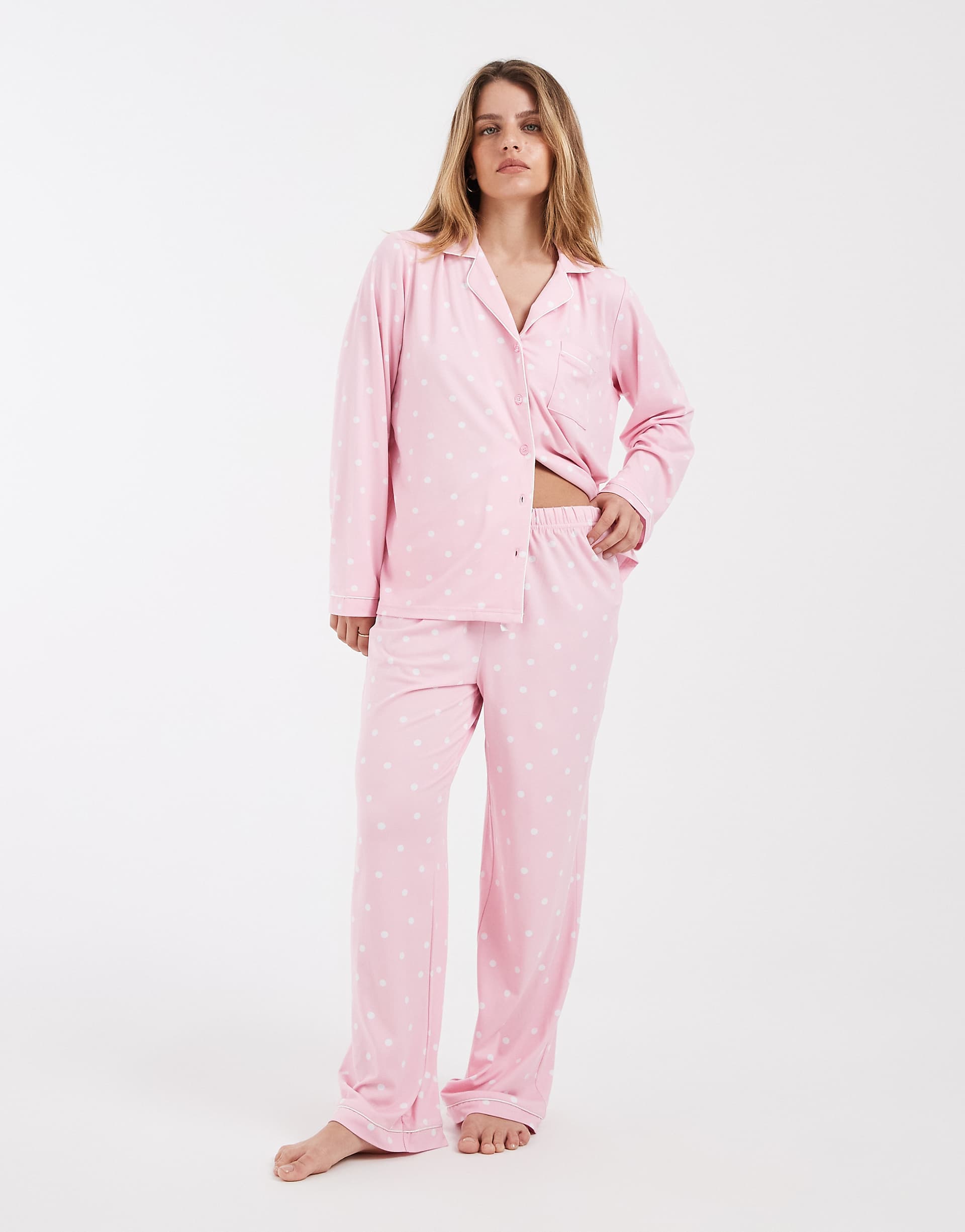 Loungeable Petite super soft jersey revere top and pants pajama set in pink polka dot