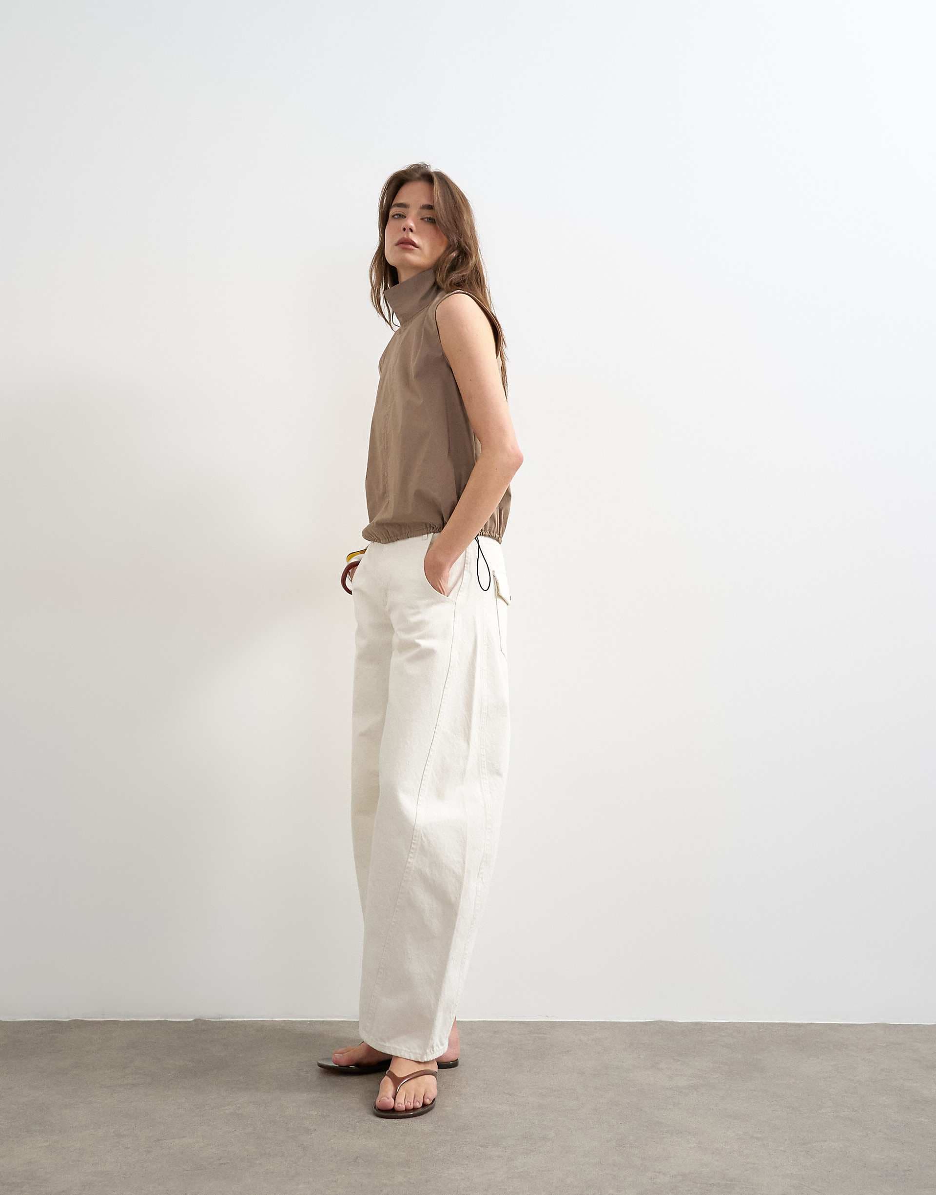 Topshop performance fabric funnel neck drawstring hem top in mocha