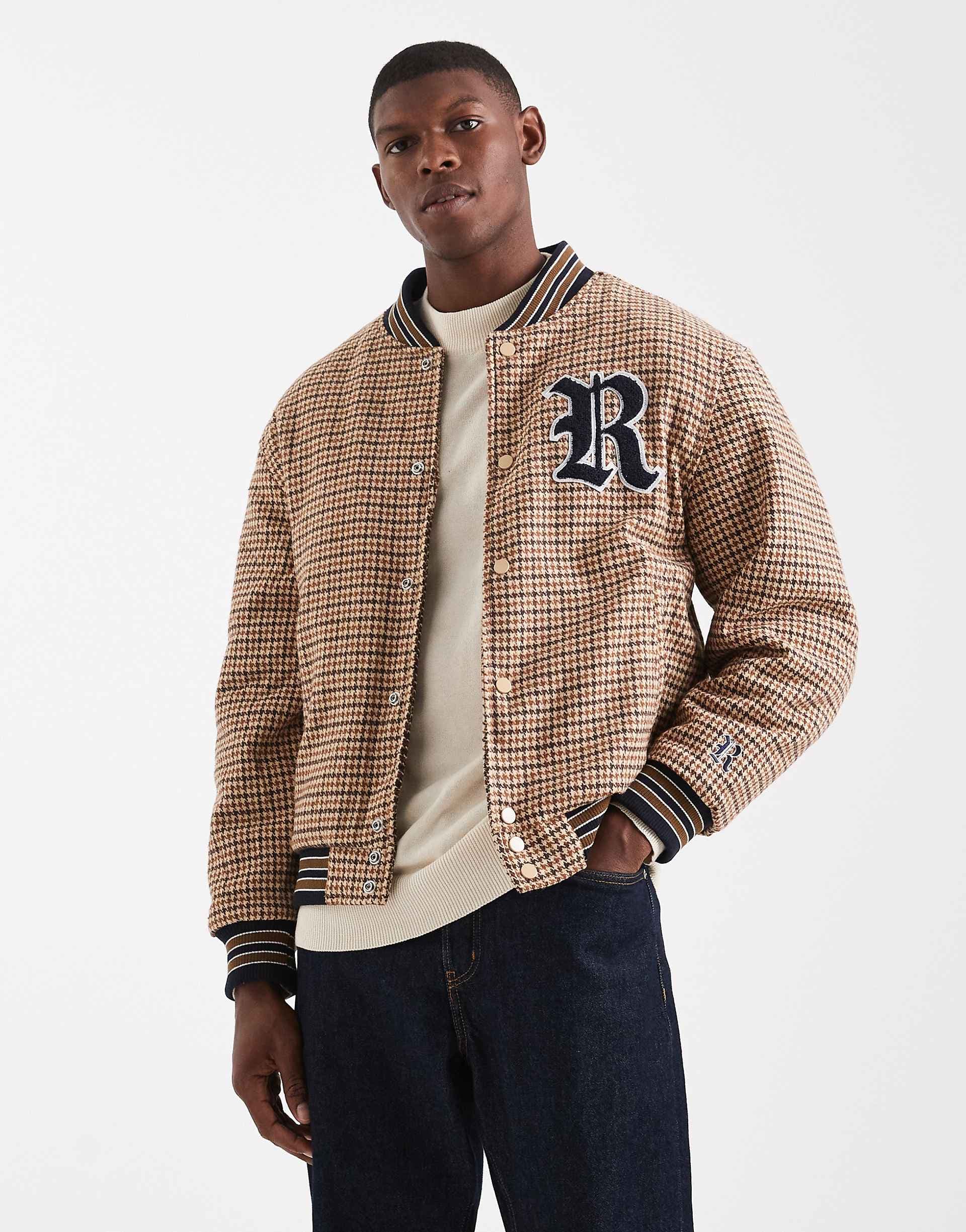 Redefined Rebel boxy varsity jacket in brown plaid